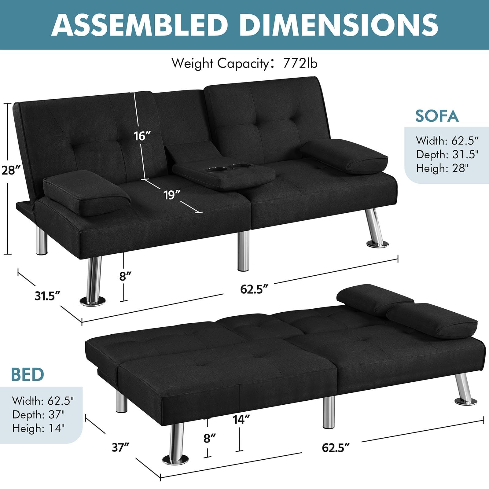 Yaheetech Convertible Sofa Bed Adjustable Fabric Couch Sleeper Modern Recliner Reversible Loveseat Folding Daybed Guest Bed, Removable Armrests, Cup Holders, 3 Angles, 772lb Capacity, Black: Black Fabric