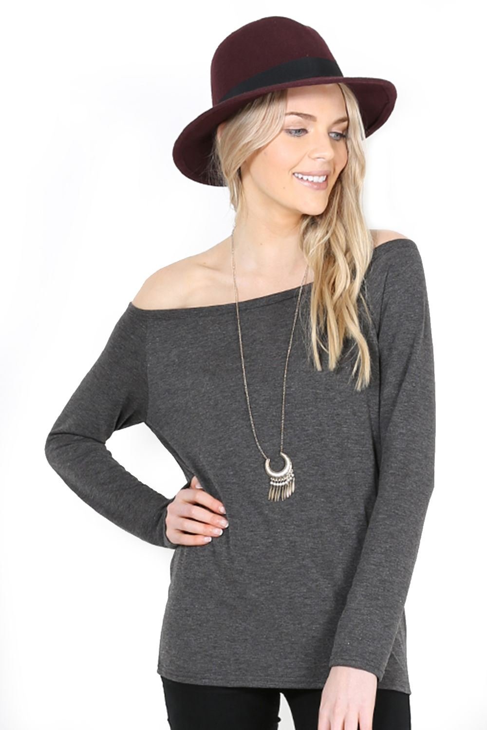 Oops OutletWomens Off The Shoulder Bardot Top Ladies Soft Long Sleeves Plain Jersey T Shirt UK 8-26