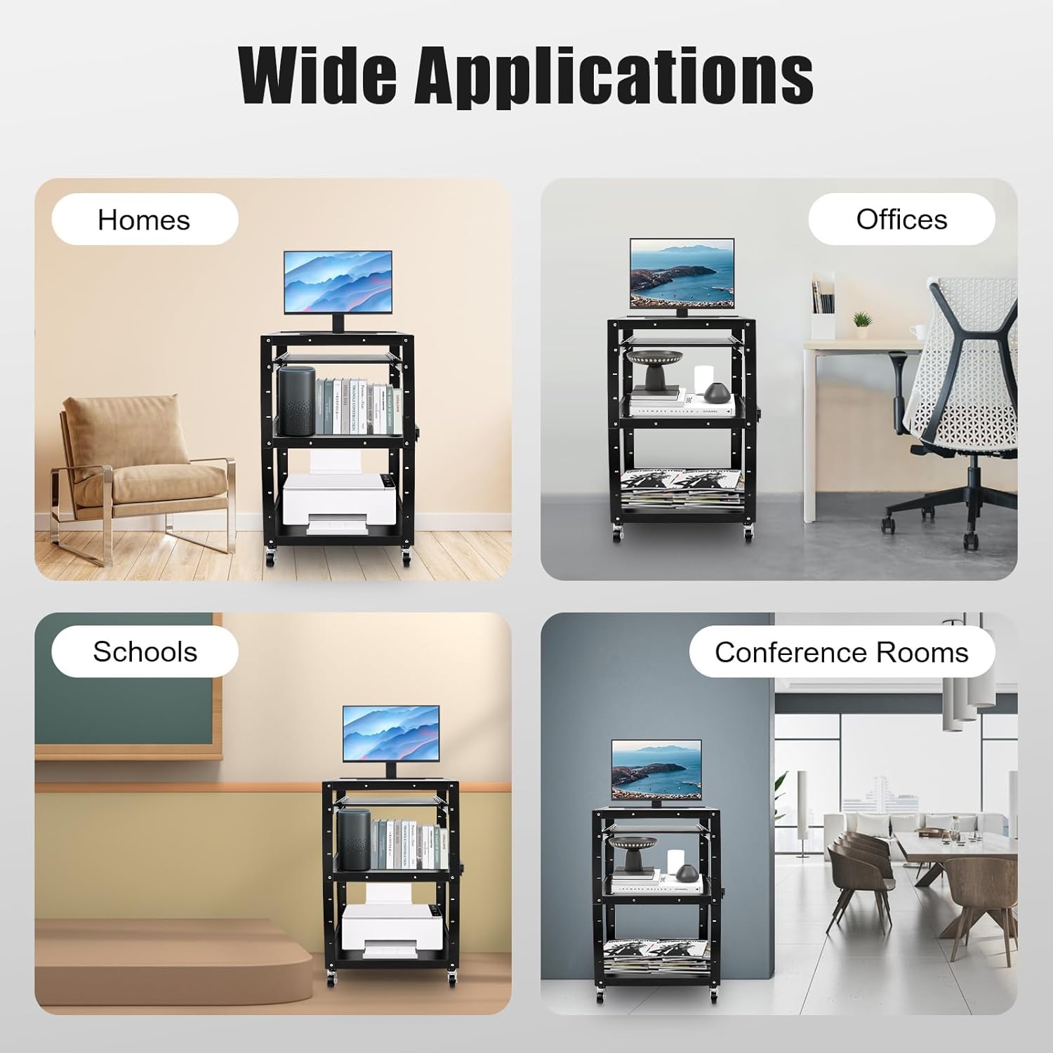 Multifunctional AV Utility Cart, Adjustable Four Shelves Office Laptop Table Freestanding Stand Retractable Metal Construction Rolling Storage Cart with Pull Out Shelf & Swivel Casters