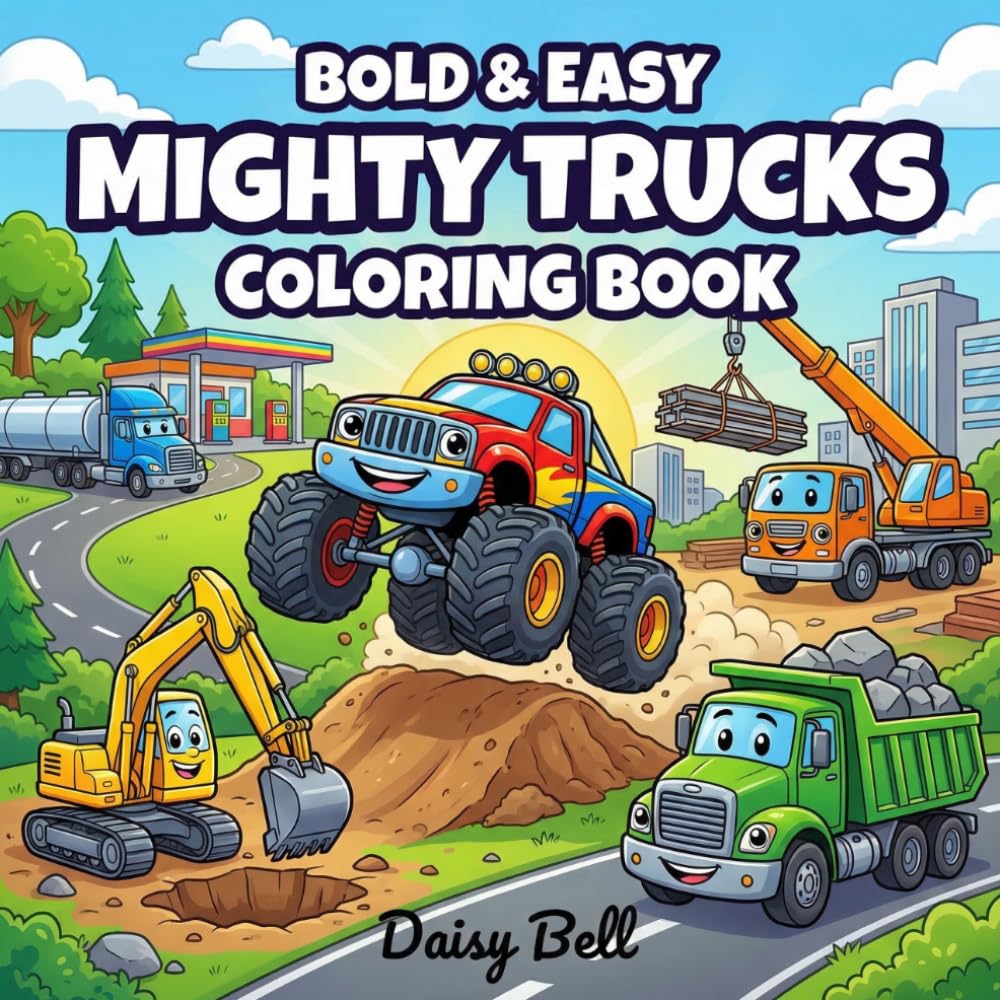 Mighty Trucks: Bold and Easy Truck Coloring Book For Kids Featuring Construction Vehicles Fire Engines And Monster Trucks