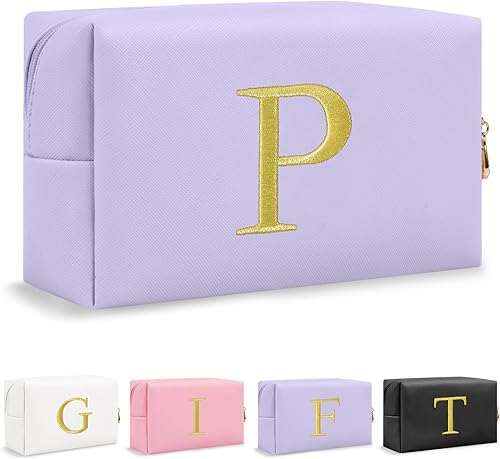 Miniatura 59 de Bolsa de Maquillaje con Inicial de Regalo Personalizado, Bolsa de Cosméticos Preppy con Letra Bordada Dorada, Rellenos de Calcetín para Chicas Blanco