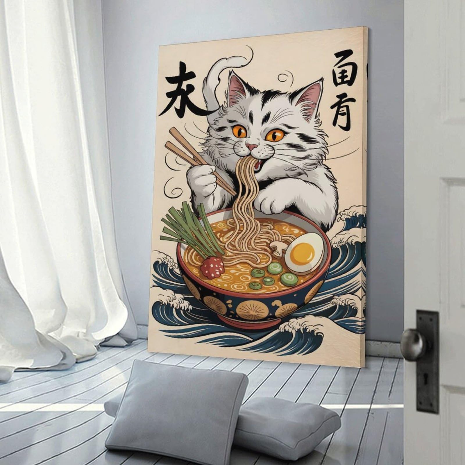 Junmoney Cat Eating Ramen Bowl Illustration Canvas Wall Picture, 12x18inch(30x45cm), for Wall Displays, Bedrooms Or Room Updates, Wall Decor Suited to Curated Displays