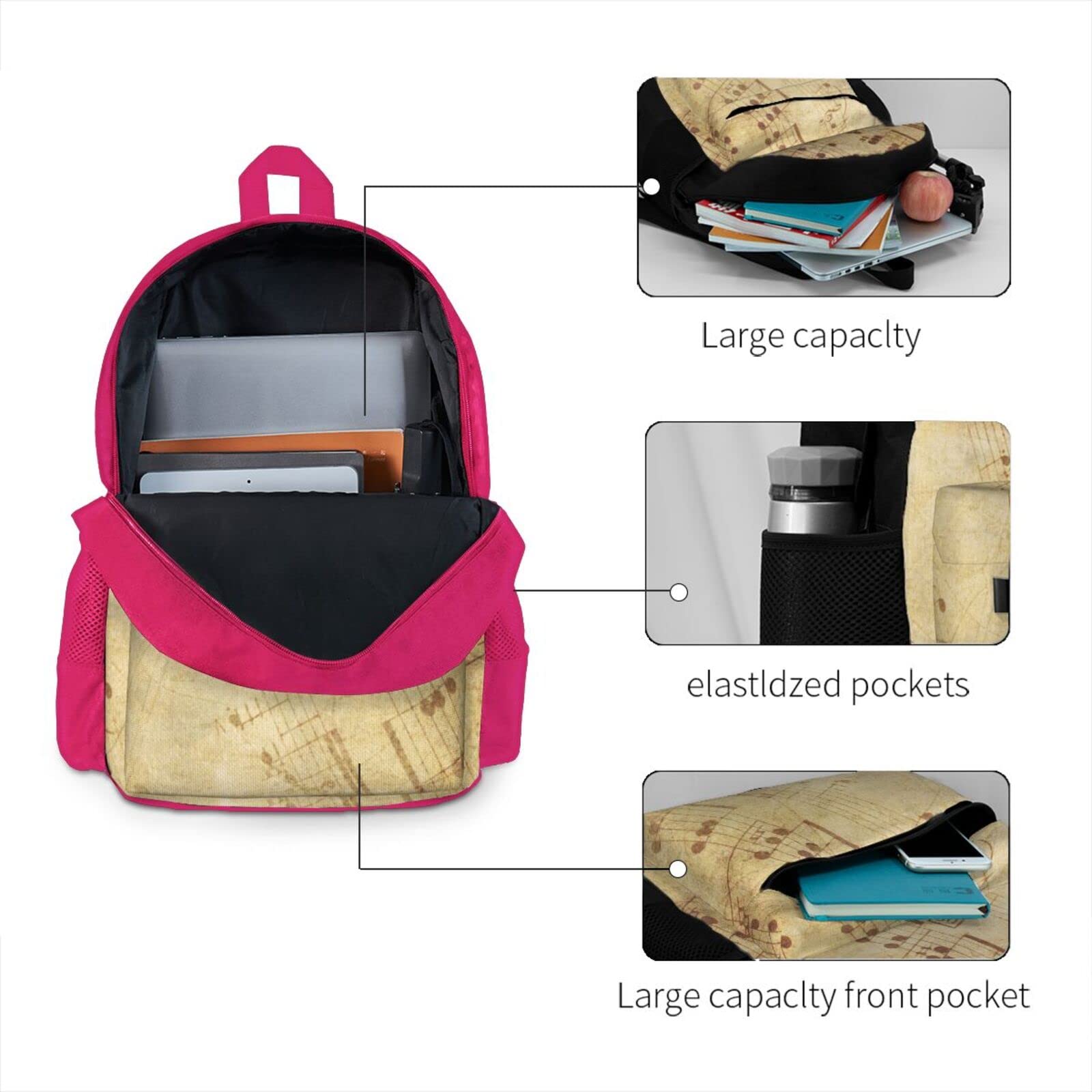 Notenblätter für Damen und Herren, Laptop-Rucksack, Reiserucksack, Sporttasche, Schultaschen für Kinder, Mädchen, Jungen, Schwarz, rose, One size