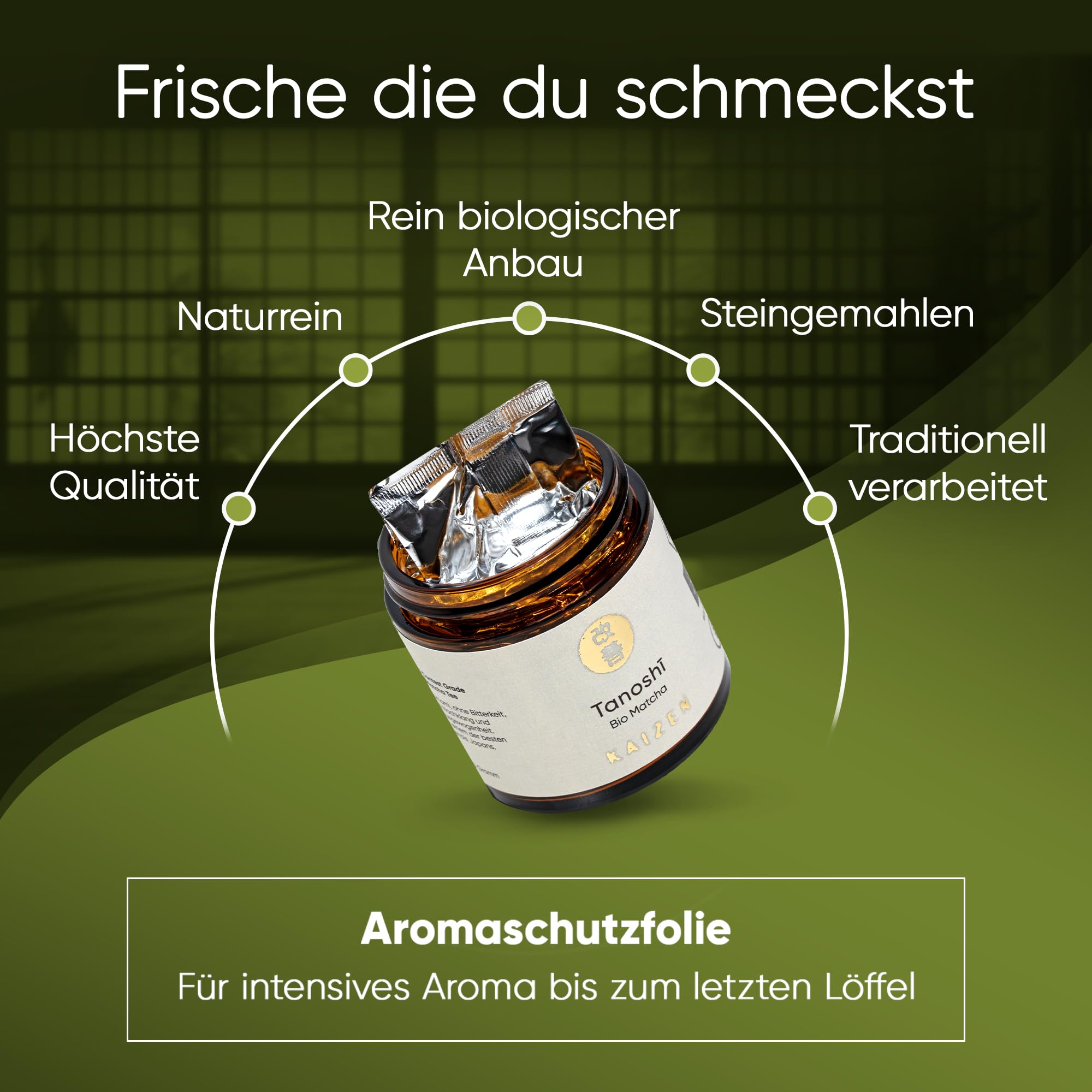 Kaizen - Bio Matcha-Tee "Tanoshī" - Tezumi Contest Grade - 35 Tage Tana-Beschattung - Direktimport aus der Präfektur Kagoshima/Japan - 30g Dose mit UV & Sauerstoffschutz