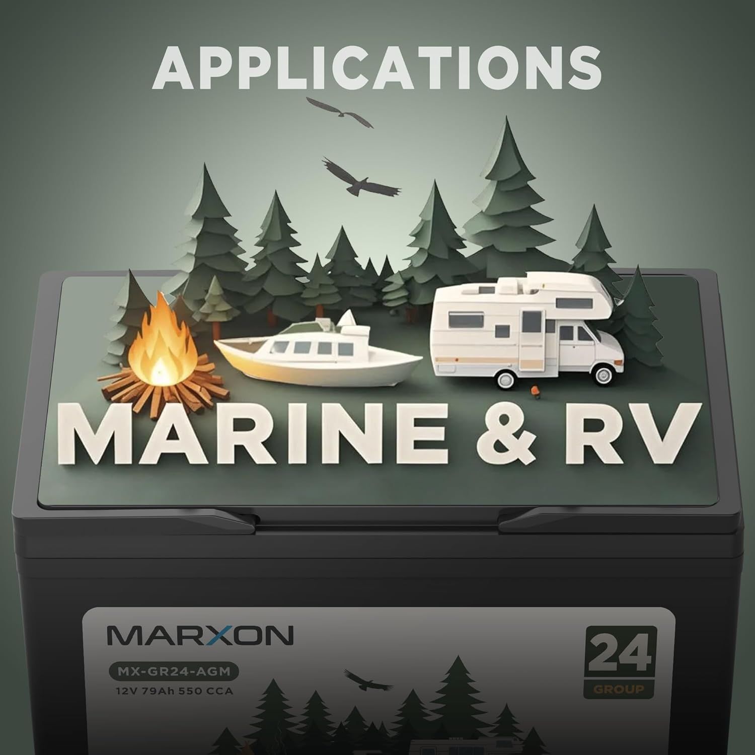 Group 24M Marine Battery Dual Purpose Marxon RV AGM Batteries 2X Deep Cycle 12V 79Ah 550CCA 150RC Trolling Motor Battery SLA Replacement with 2 pcs Terminal Starting and Supply Power