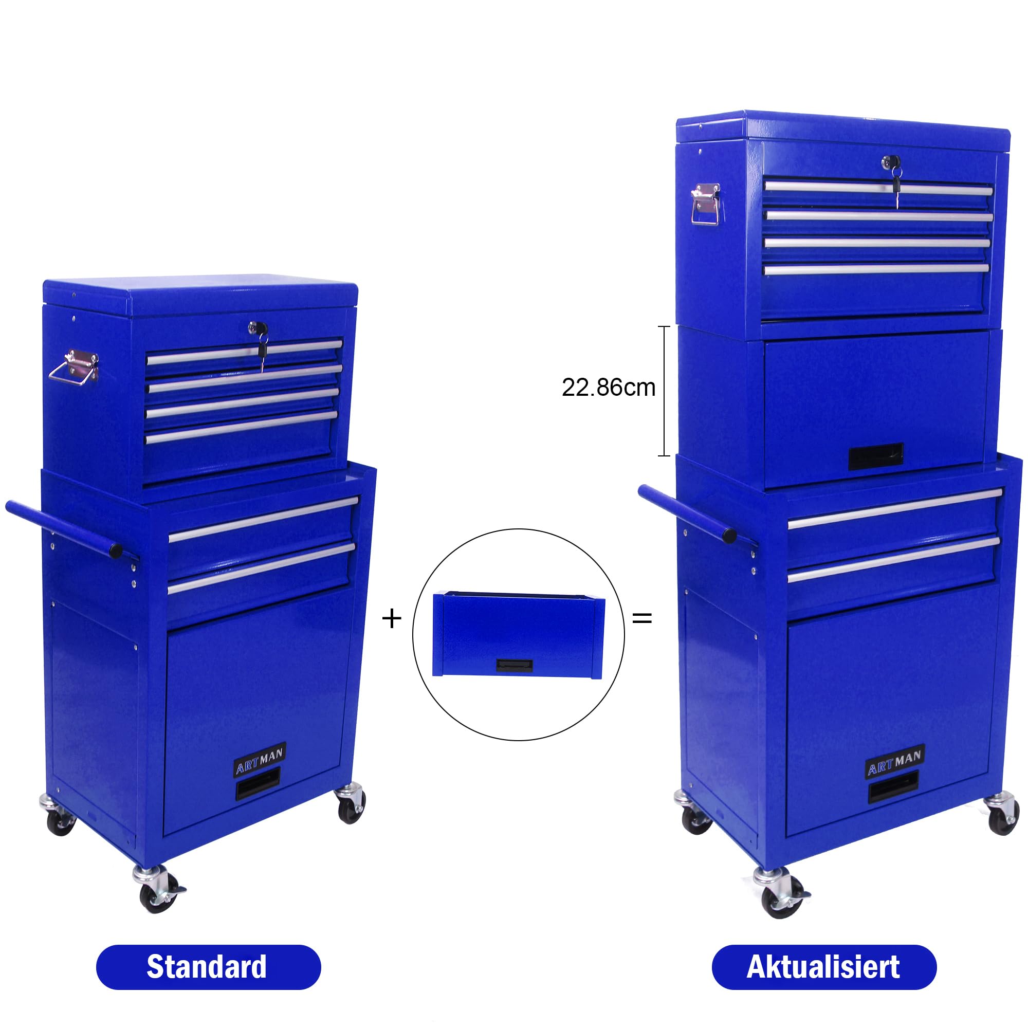 Generisch Carrello portautensili con 6 cassetti con contenitore arrotolabile bloccabile, 4 ruote universali (2 frenate) e pannello sospeso – organizzatore blu 2 in 1 per garage/officina