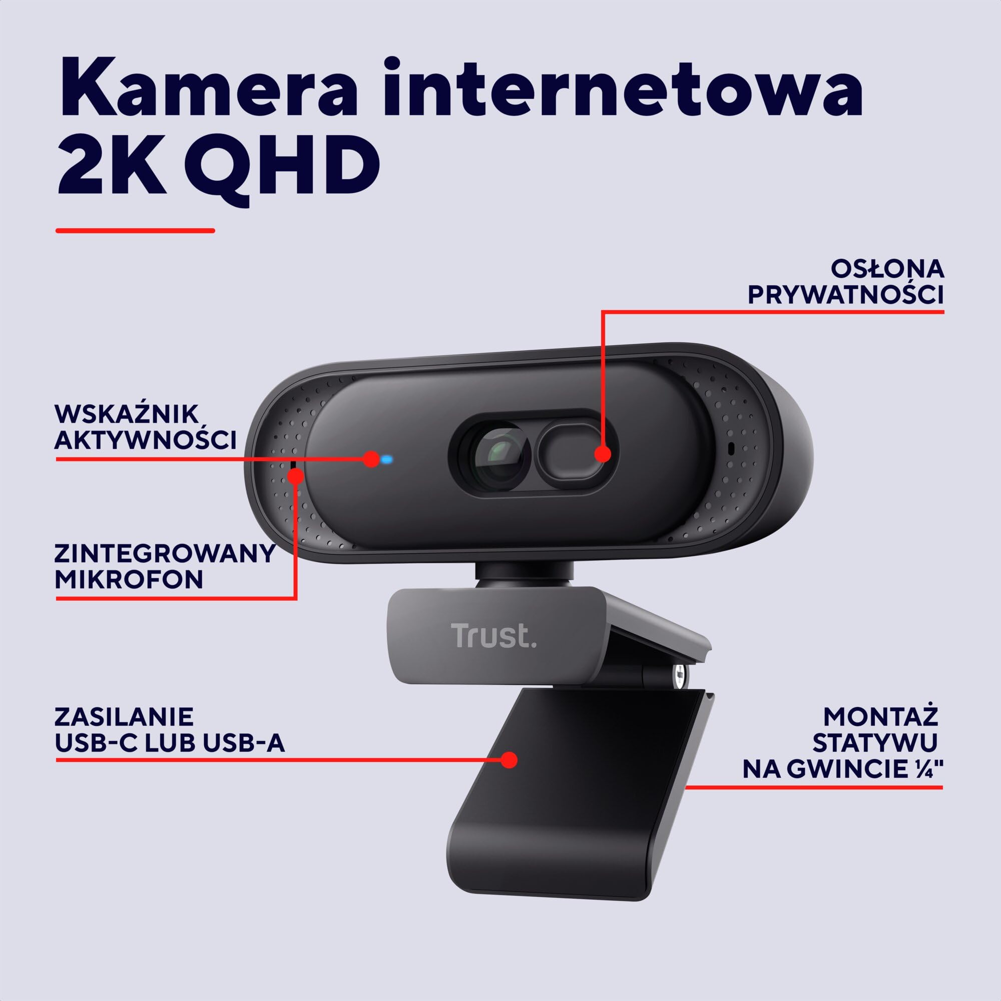 Trust Ovala 2K QHD kamera internetowa z osłoną prywatności, czarna | pole widzenia 75°, USB-A/USB-C, kamerka komputerowa do spotkań i streamowania z redukcją szumów, Teams, Google Meet, Zoom