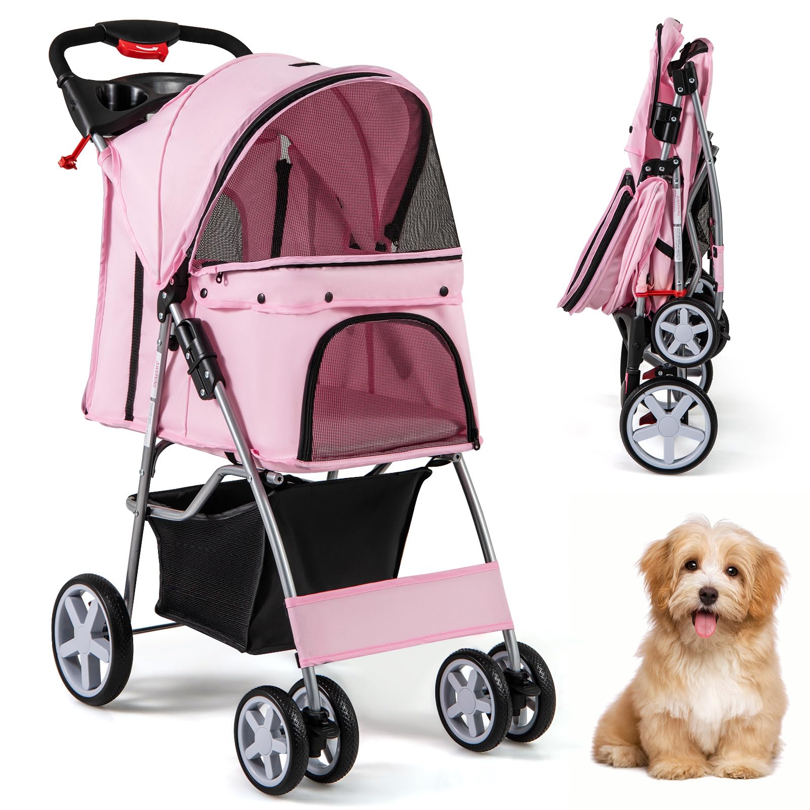 SOARS Carrito para Perros Plegable Cochecito para Perros de hasta 15 kg, Cochecito para Gatos con Ventanas de Malla, Portabebidas y Cesta de Almacenamiento, 4 Ruedas (Rosado)