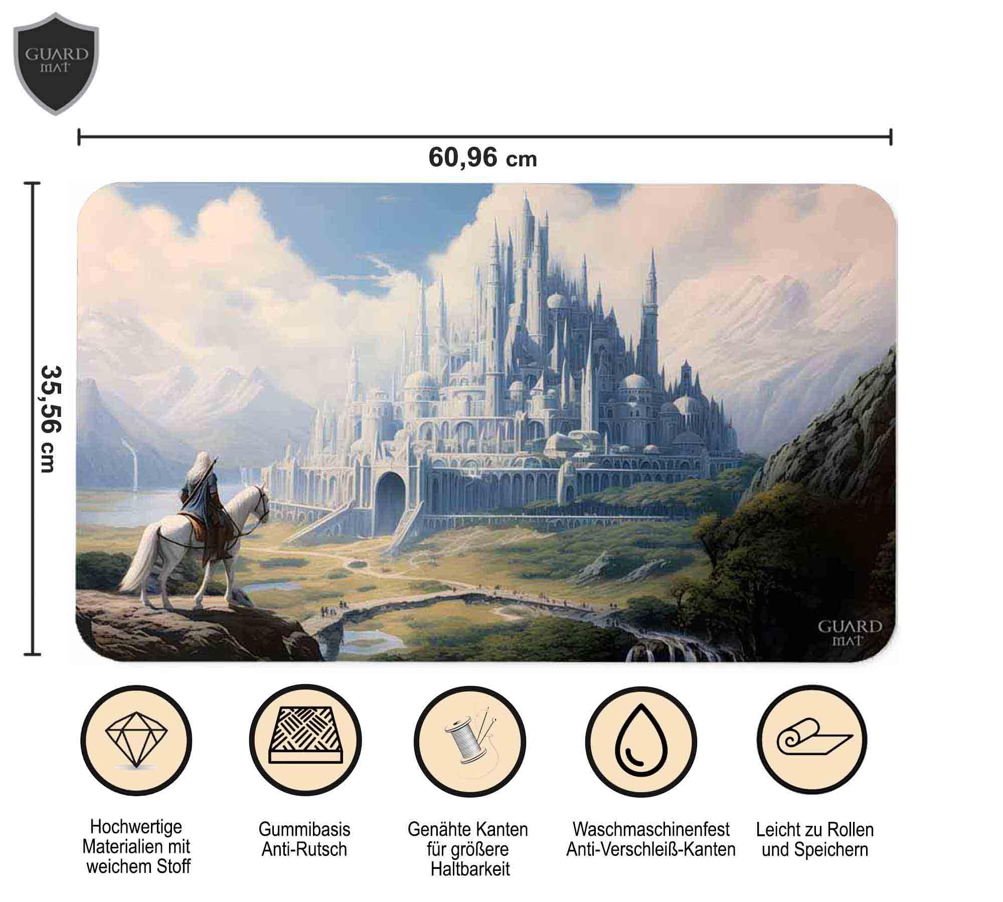 GuardMat - Minas Tirith (Genähte Kanten) – Spielmatte für Magic – Spielmatten für Magic The Gathering – Playmat kompatibel mit MTG, Der Herr de Ringe, Pokemon, TCG, Kartenspielmatte