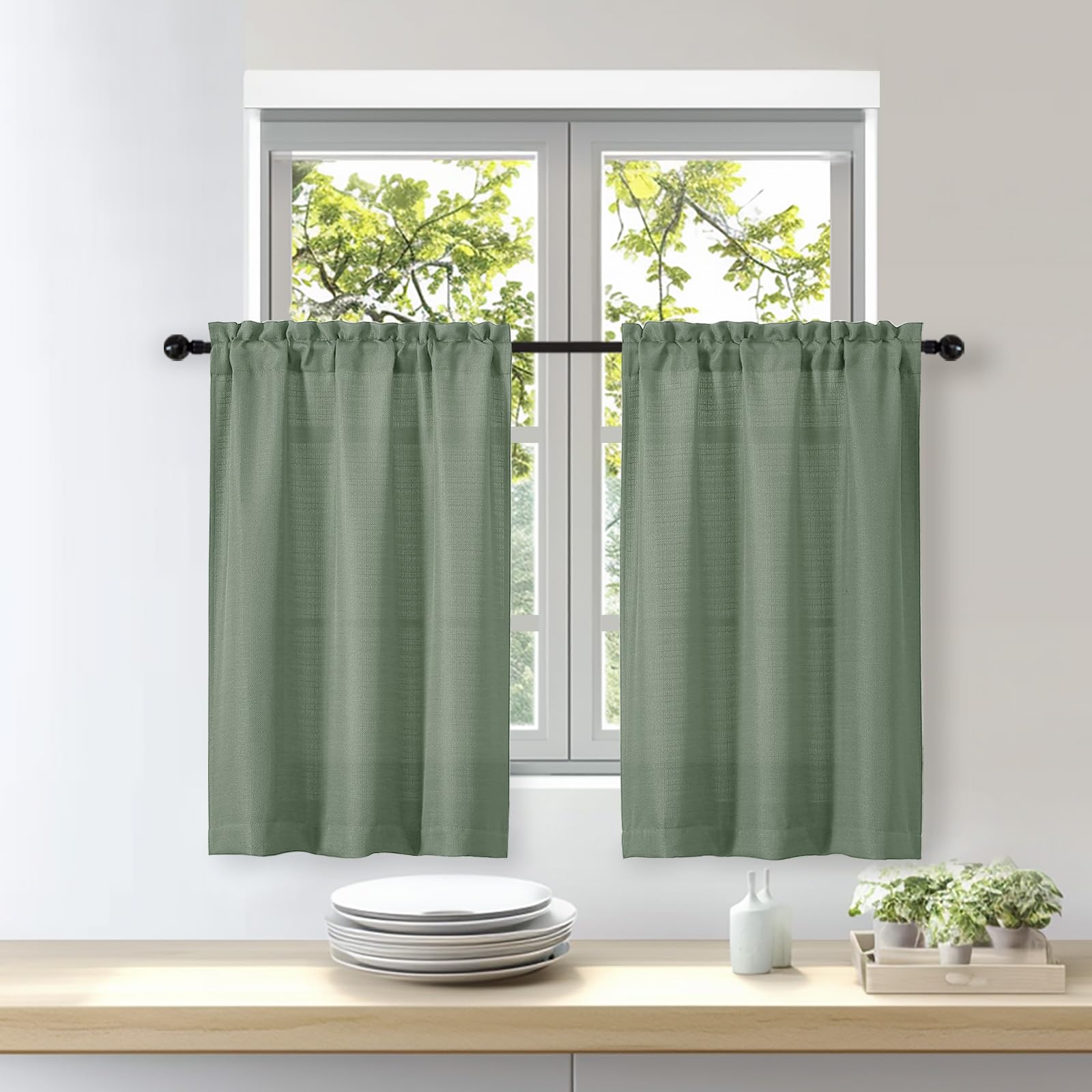 OWENIE Bob Green Kitchen Curtains 36 Inch Length Tier Curtain, Faux Linen Textured Small Cafe Curtains, Light Filtering Short Window Drapes for