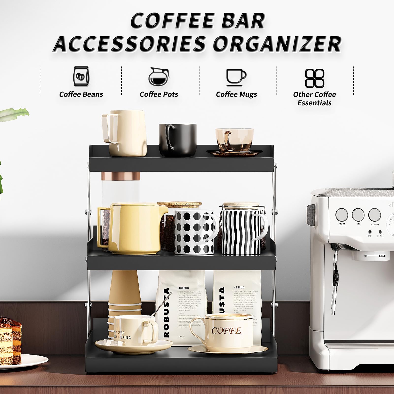 SanDream 3 Tier Coffee Mug Organizer Shelf, Coffee Bar Station Accessories, Cup Holder Rack Display Stand, Counter Organizer for Kitchen Bathroom Office,Black