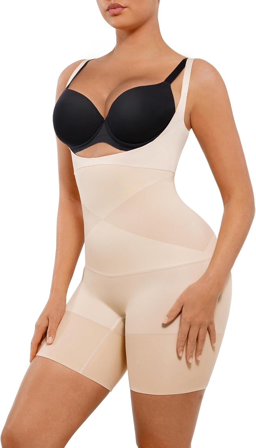 FeelinGirl Seamless Shapewear Tummy Control Sculpting Bodysuit with Butt Lifting Thigh Slimmer Open Bust Fajas for Women
