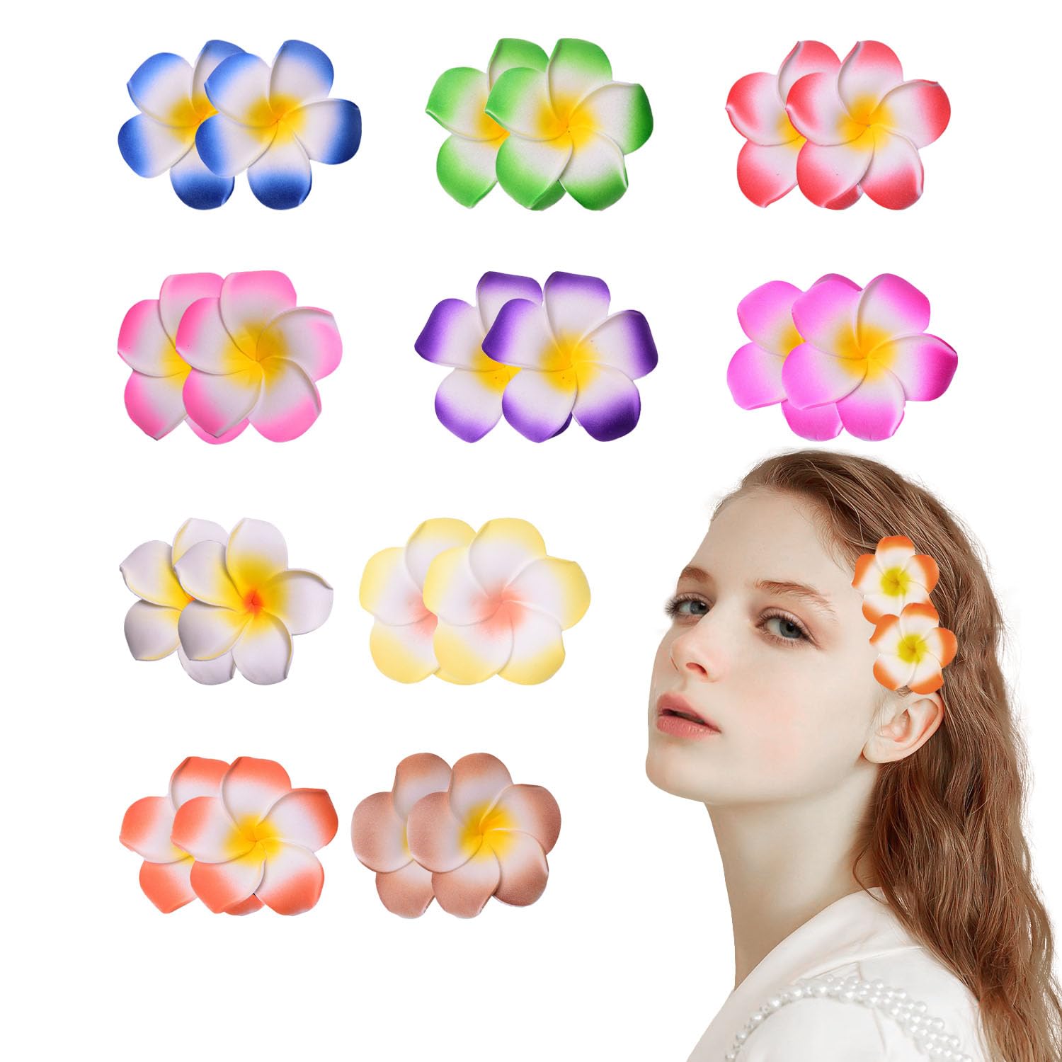 Hawaiian Plumeria Hair Clips - 20pcs Artificial Flower Hair Accessories for Wome Tropical Foam Flower Clips for Wedding Beach Party Vacation Supplies