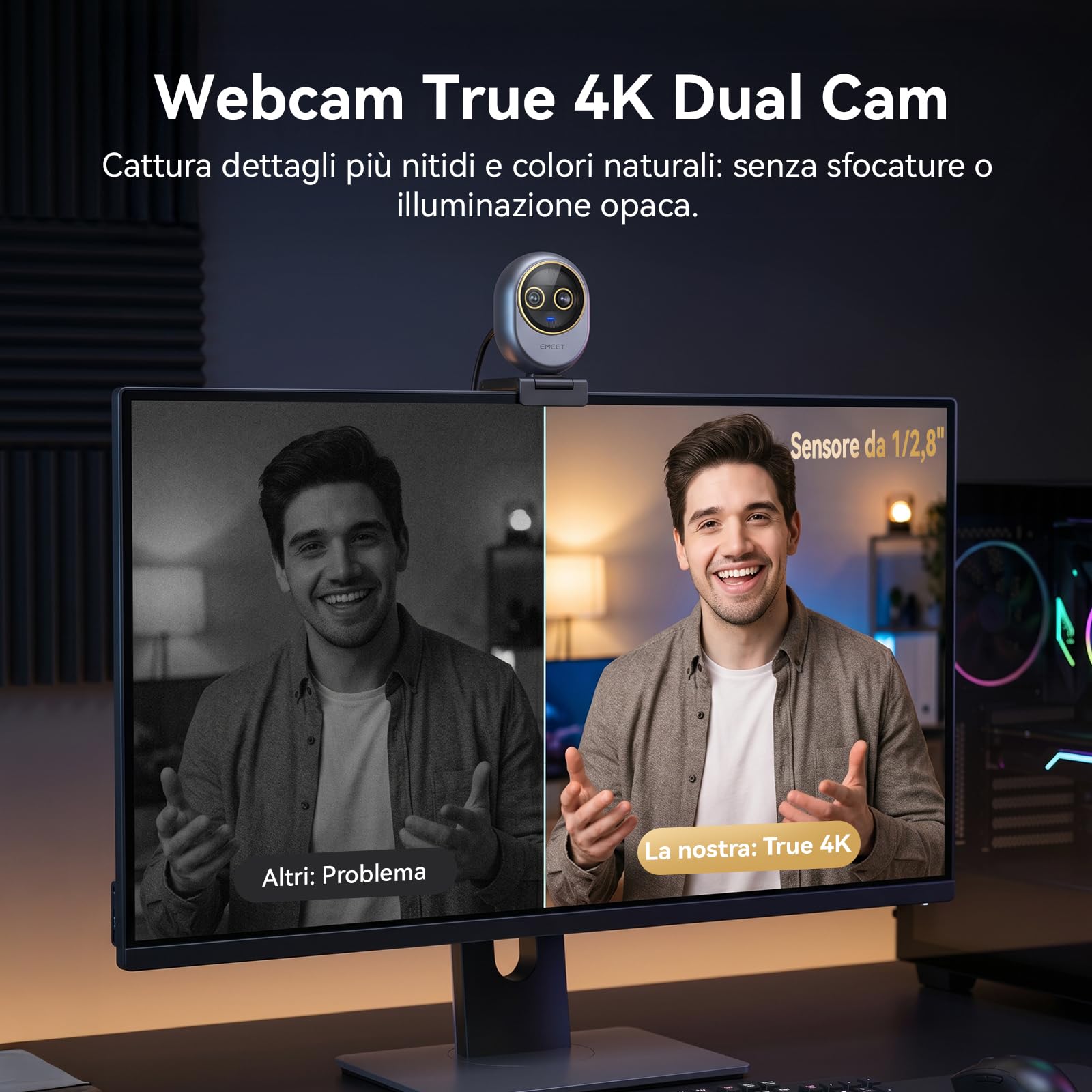 EMEET Piko Webcam 4K per Streaming a Doppia Obiettivo, Telecamera Grandangolare e Teleobiettivo, Zoom Ibrido 11X, Autofocus 0,2s, Telecomando, 3 Microfoni, Copertura Privacy Panda, USB C per Lavoro