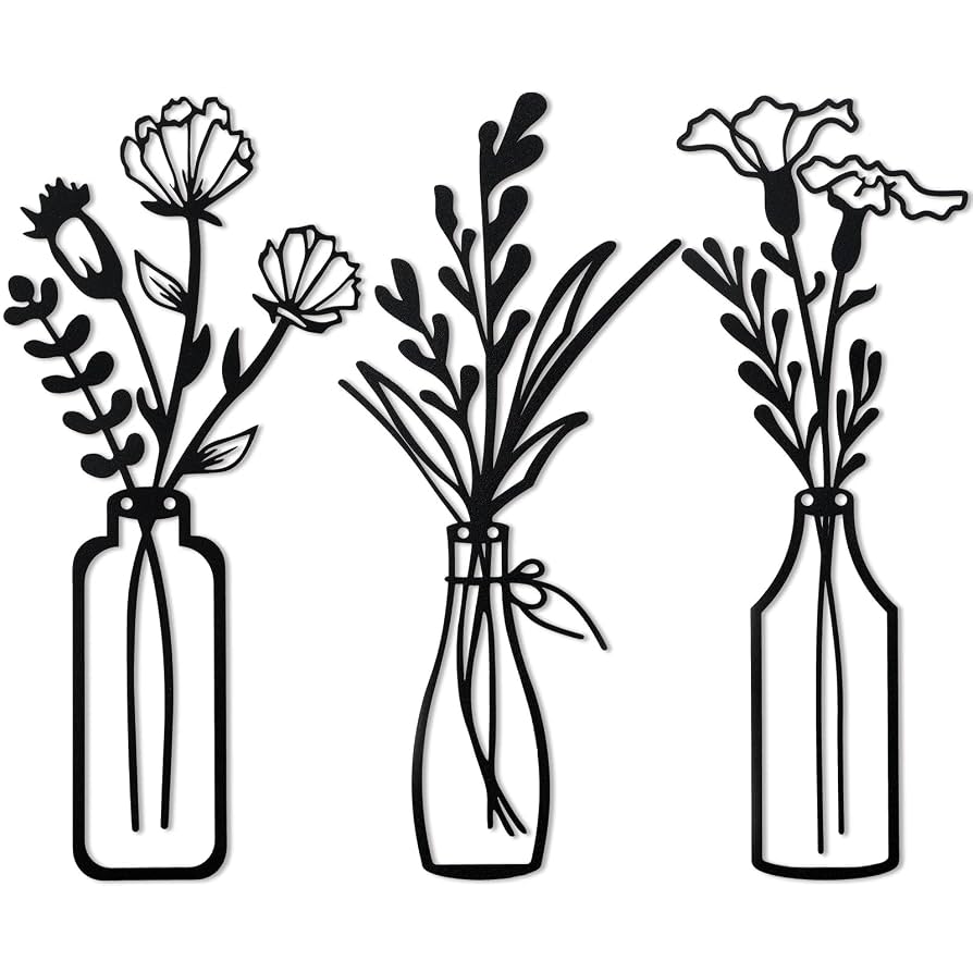 Hotop 3 Pieces Metal Flower Wall Decor Metal Vase Door Art Wall Sculptures Hanging Flower in Vase Hanging Iron Decor for Living Room Kitchen(Black)