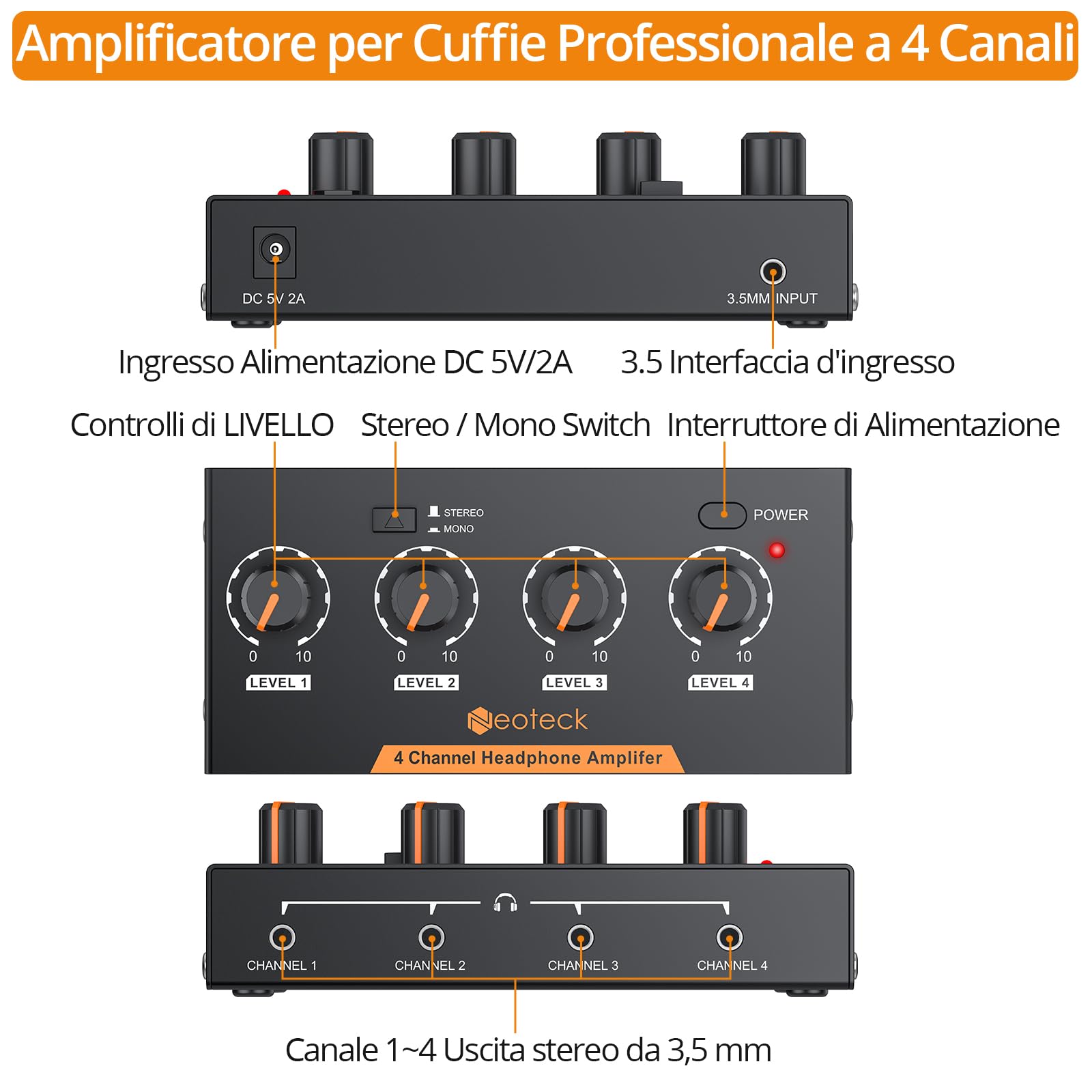Neoteck Amplificatore per Cuffie 4 Canali Stereo Audio Mono/Stereo in Metallo con Cavo 3,5 mm