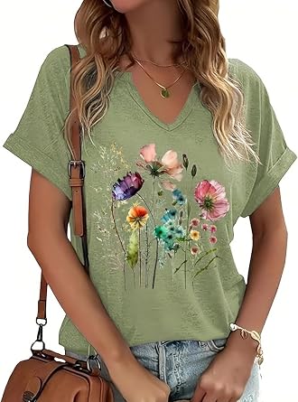Cottagecore Vintage Flowers V Neck Tshirts for Women Boho Floral Wildflowers Graphic Tee Casual Tops