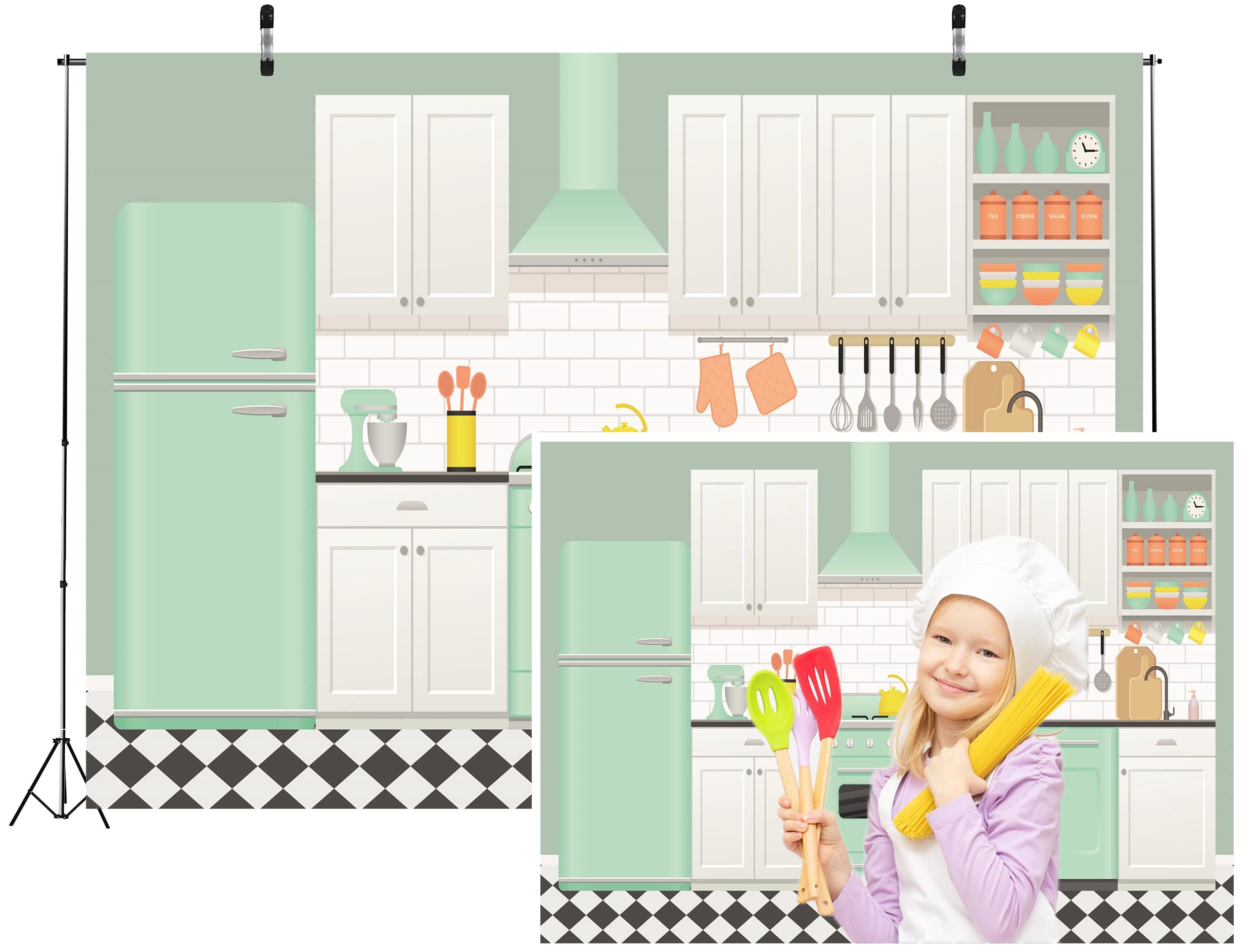 Loccor 5x3ft Fabric Home Kitchen Backdrop Cartoon Christmas Kitchen Backdrop for Photography Xmas Birthday Party Decorations Baking Room Background