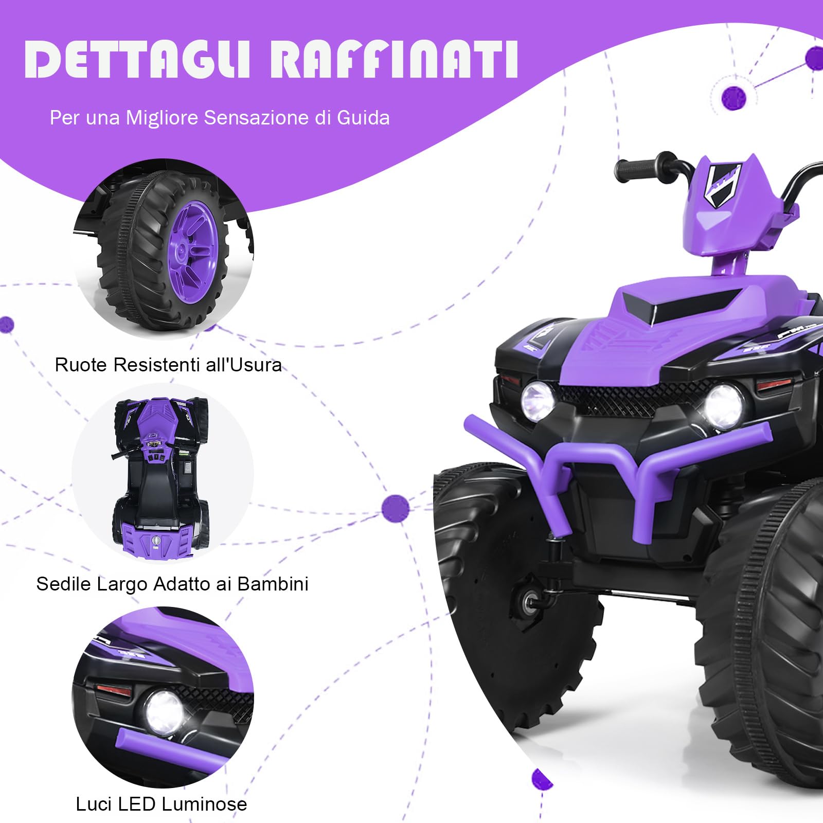 RELAX4LIFE 12V Quad Fuoristrada Elettrica Cavalcabile da Spiaggia per Bambini, Avvio Graduale a Trazione Posteriore, 2 Velocità e Direzione Avanti/Indietro, Funzione FM e Bluetooth (Viola)