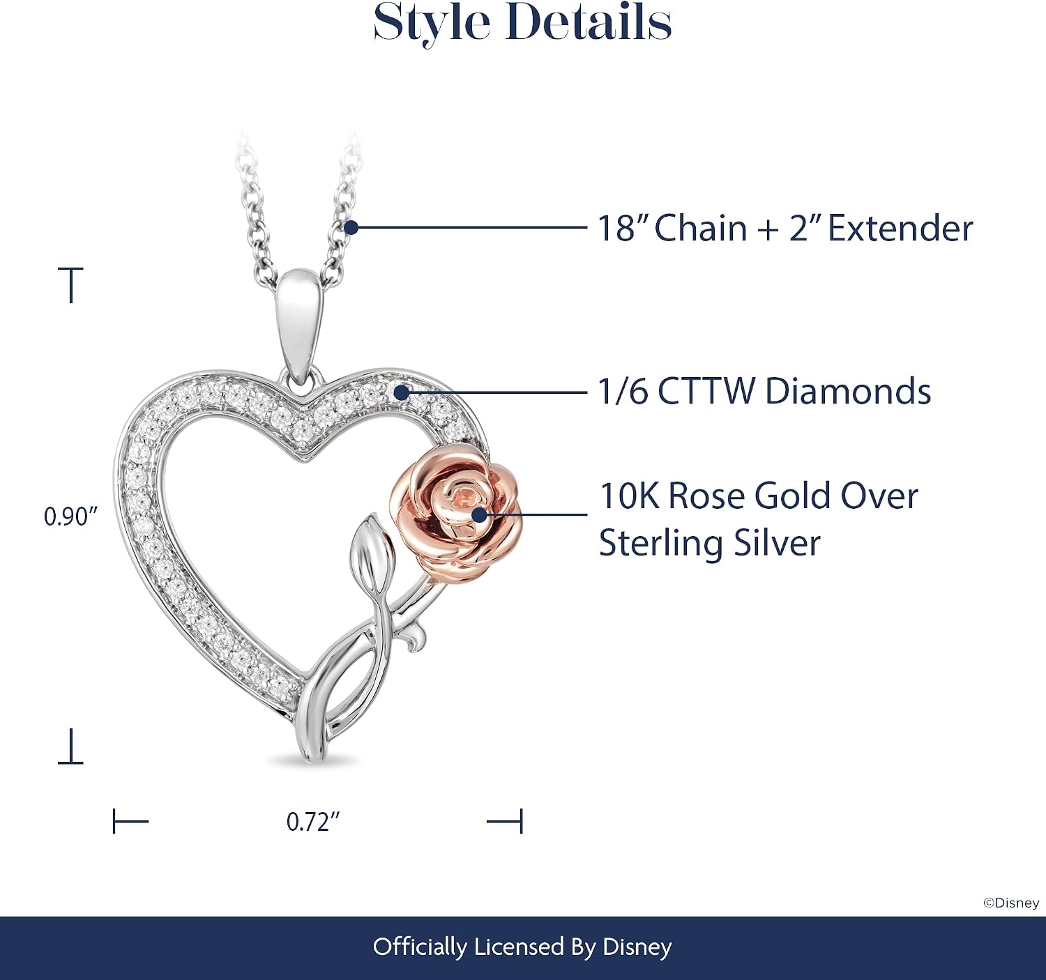 Jewelili Enchanted Disney Fine Jewelry Silver and 10K Rose Gold with 1/6 CTTW Diamonds Belle Rose with Heart Pendant