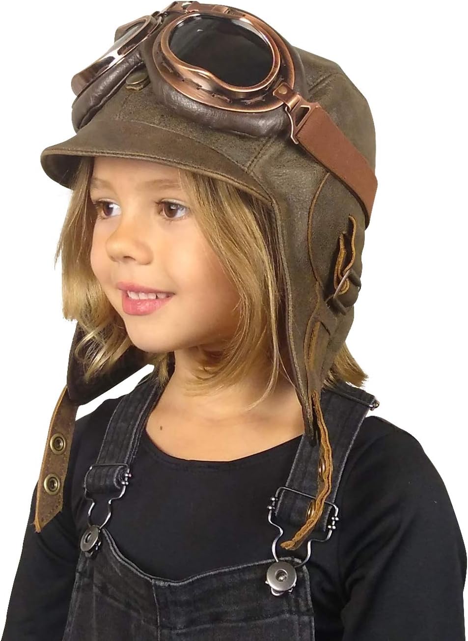 Kids Aviator Hat with Goggles, Real Brown Leather, Children's Pilot Flying Cap/Helmet (Medium, Hat and Goggles A)
