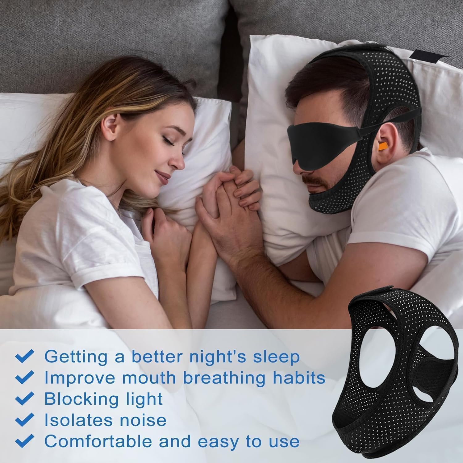 Chin Strap for Sleeping, Anti Snoring Devices Comfortable Effective Stop Snoring Solution, Snore Stopper Breathable, Anti Snore Chin Strap Adjustable Velcro, with Eye Mask, Black - Image 6