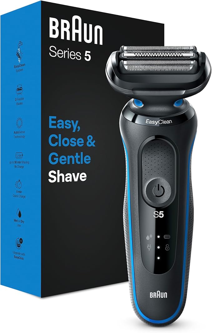 Braun Series 5 Regolabarba Uomo, Rasoio Elettrico Barba, EasyClean, Wet&Dry, Ricaricabile, Rasoio A Lamina Senza Fili, Idea Regalo, 51-B1000s Blu