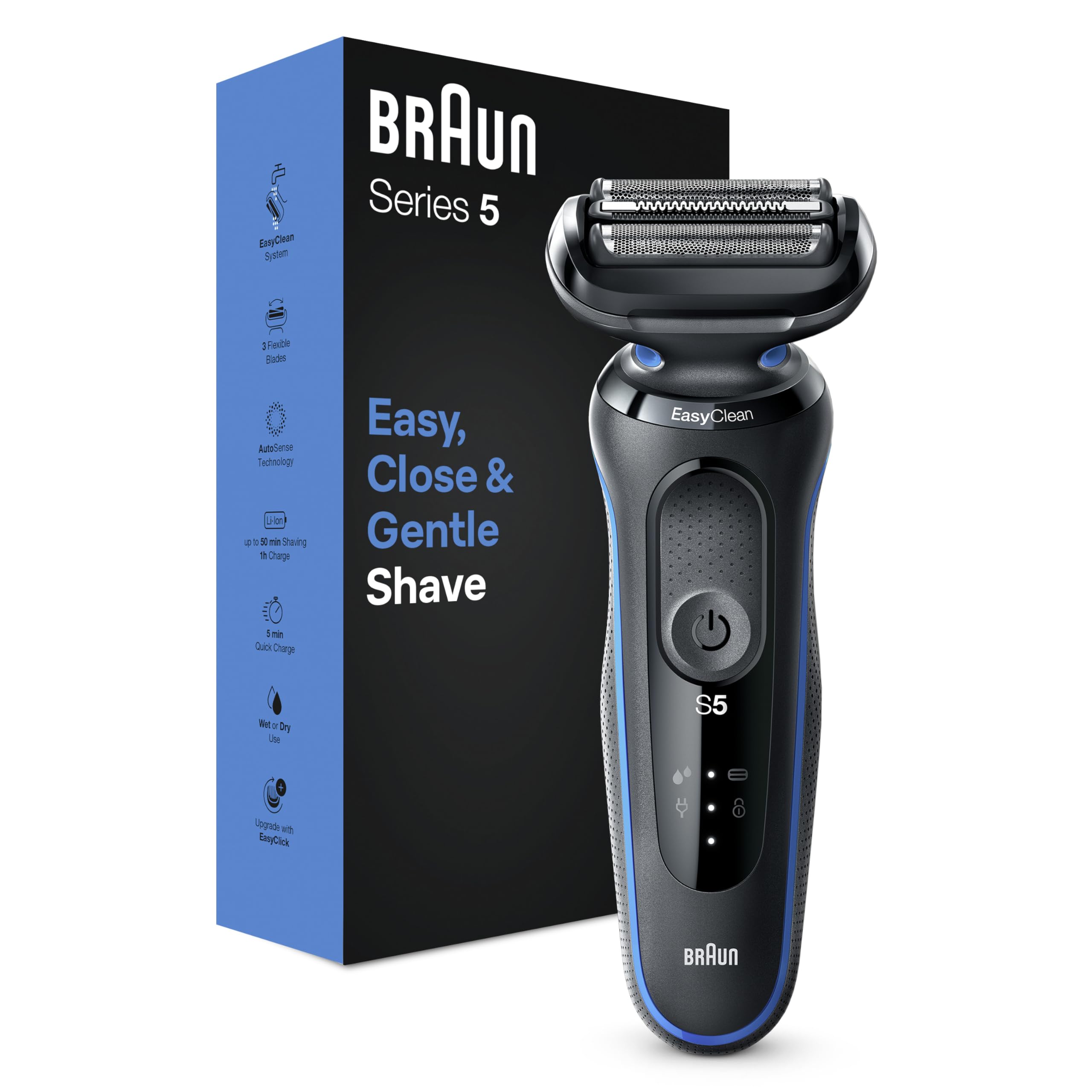 Braun Series 5 Men's Beard Trimmer, Electric Beard Razor, EasyClean, Wet & Dry, Rechargeable, Cordless Foil Razor, Gift Idea, 51-B1000s Blue