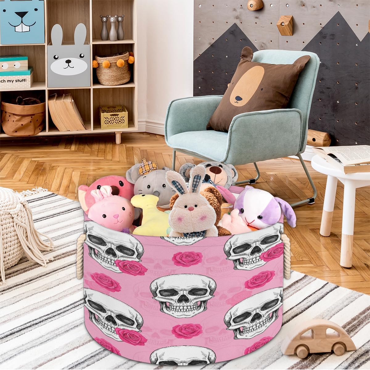 Large Storage Baskets - Skull Roses Nursery Round Collapsible Organizer Bin Box, Laundry Hamper for Kids Toys, Blanket, Bedroom Living Room Home Decor, Gift Basket, 19.4"x13.3"