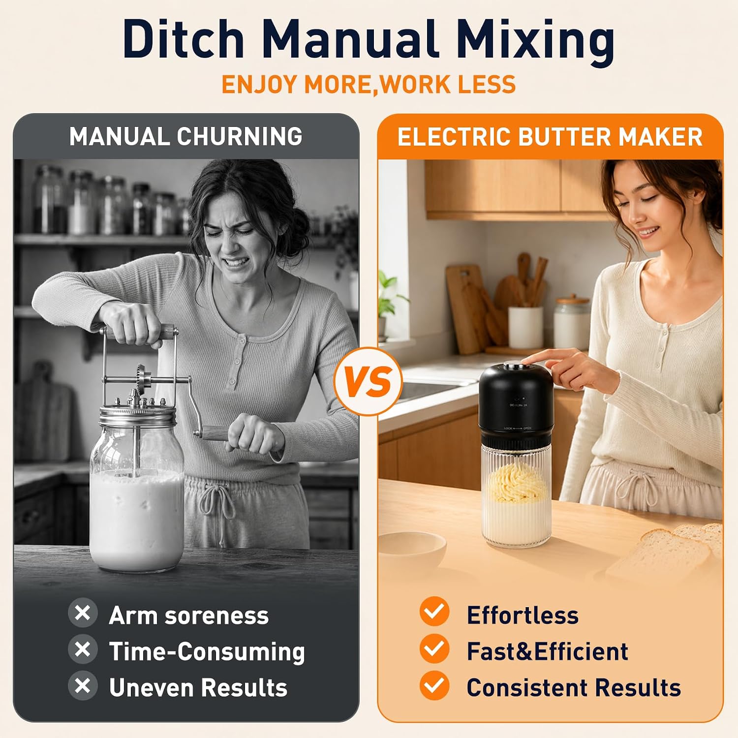 Electric Butter Churner, One-Touch Operation, No Manual Churning, 34 oz Splash-Resistant Glass Jar, Easy to Clean Butter Maker for Baking & Cooking