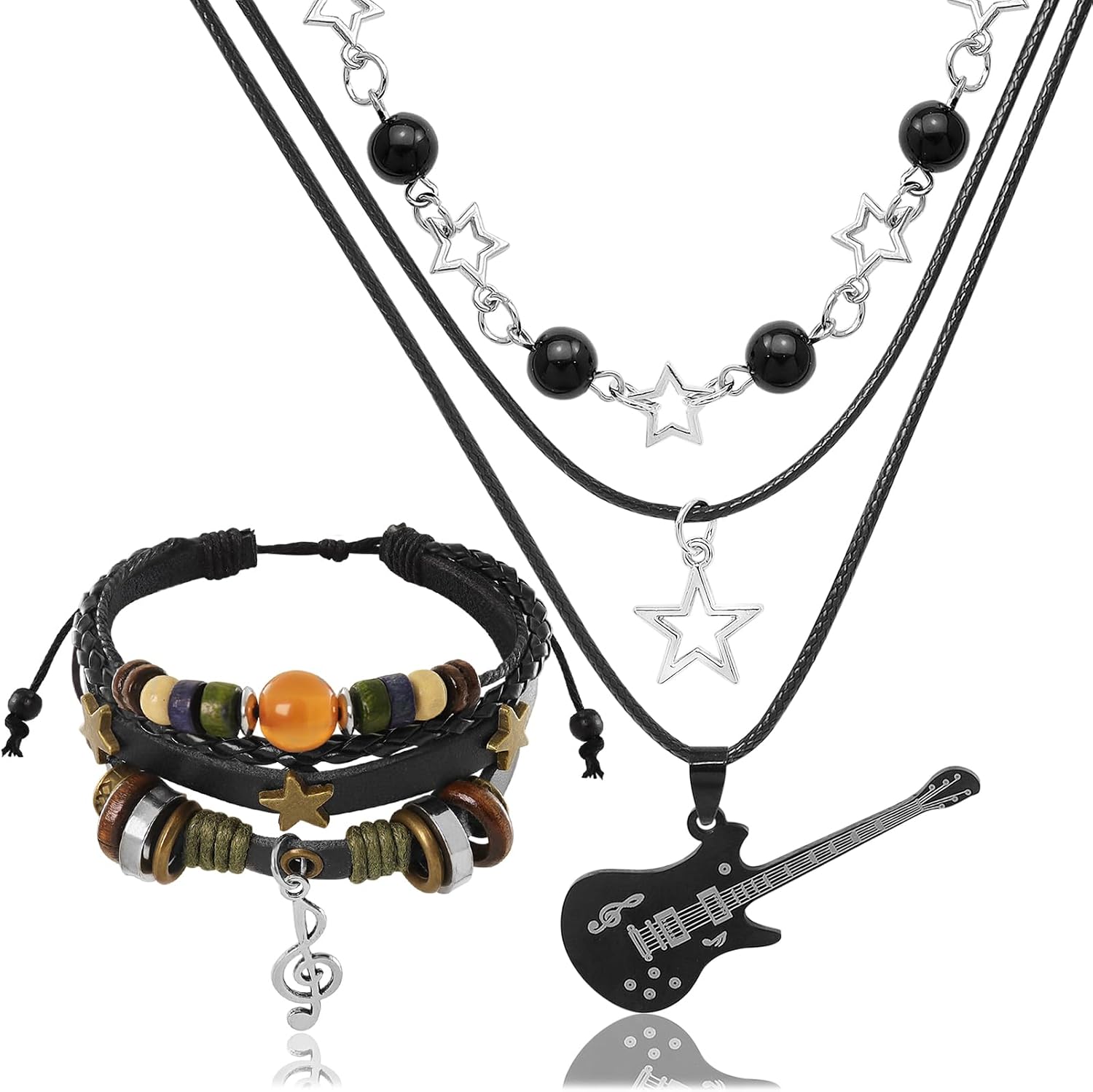 Multilayer Y2k Star Necklace Fairy Grunge Bracelets Set Handmade Fairycore Grunge Jewelry Gothic Swirl Star Necklace Punk Rock Roll Music Guitar Grunge Accessories for Women Men