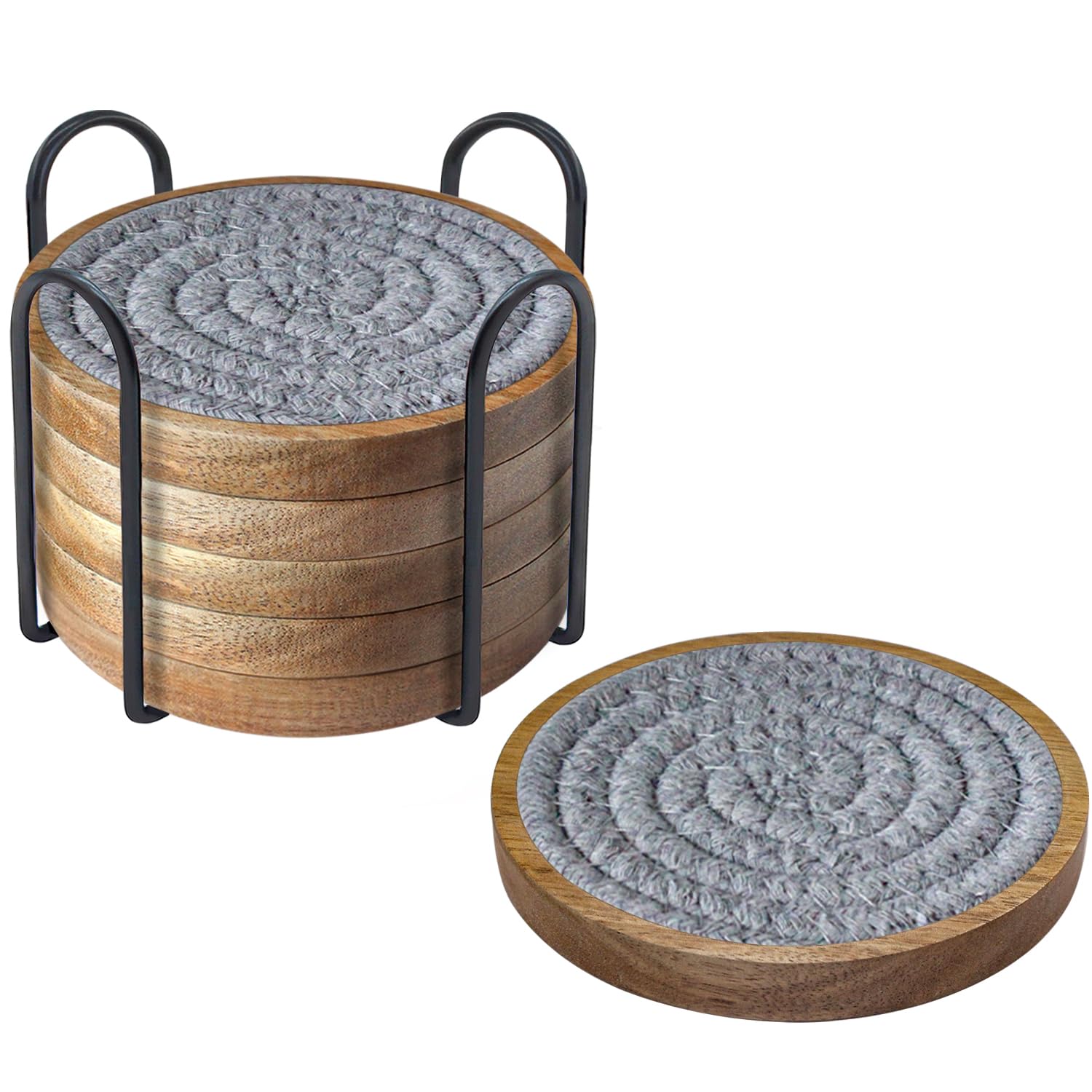 6 Pack Coasters for Drinks Absorbent, 4.3 inches Cork Coasters for Coffee Tables, Wooden Drink Coasters for Table Protection, Cute Coasters for Kitchen, Farmhouse, Bar, and Office (Gray)