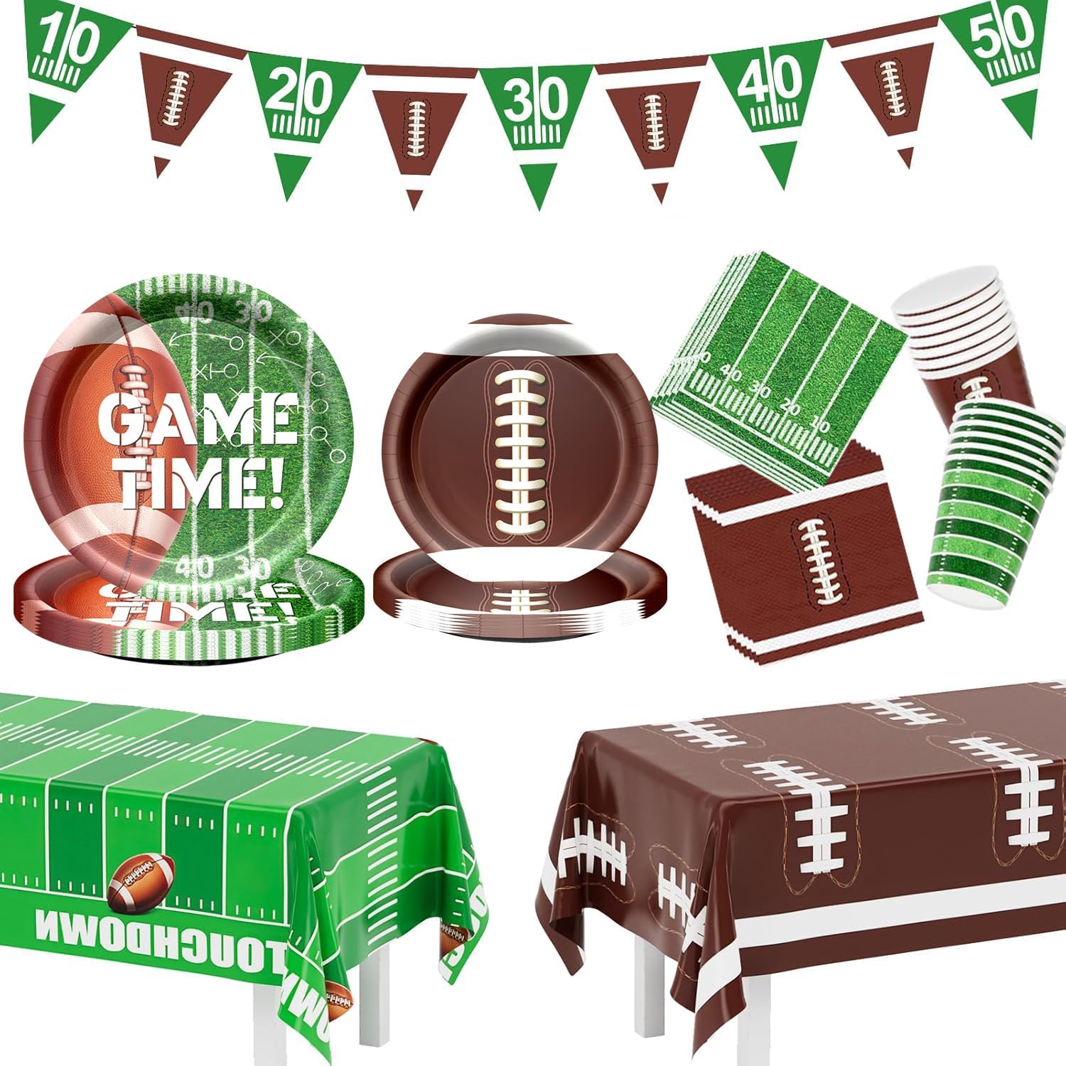 Football Party Decorations Includes Dinner Plates, Dessert Plates, Napkins, Cups, Banner and Football Tablecloth for Football Themed Party Decorations, Serve 24
