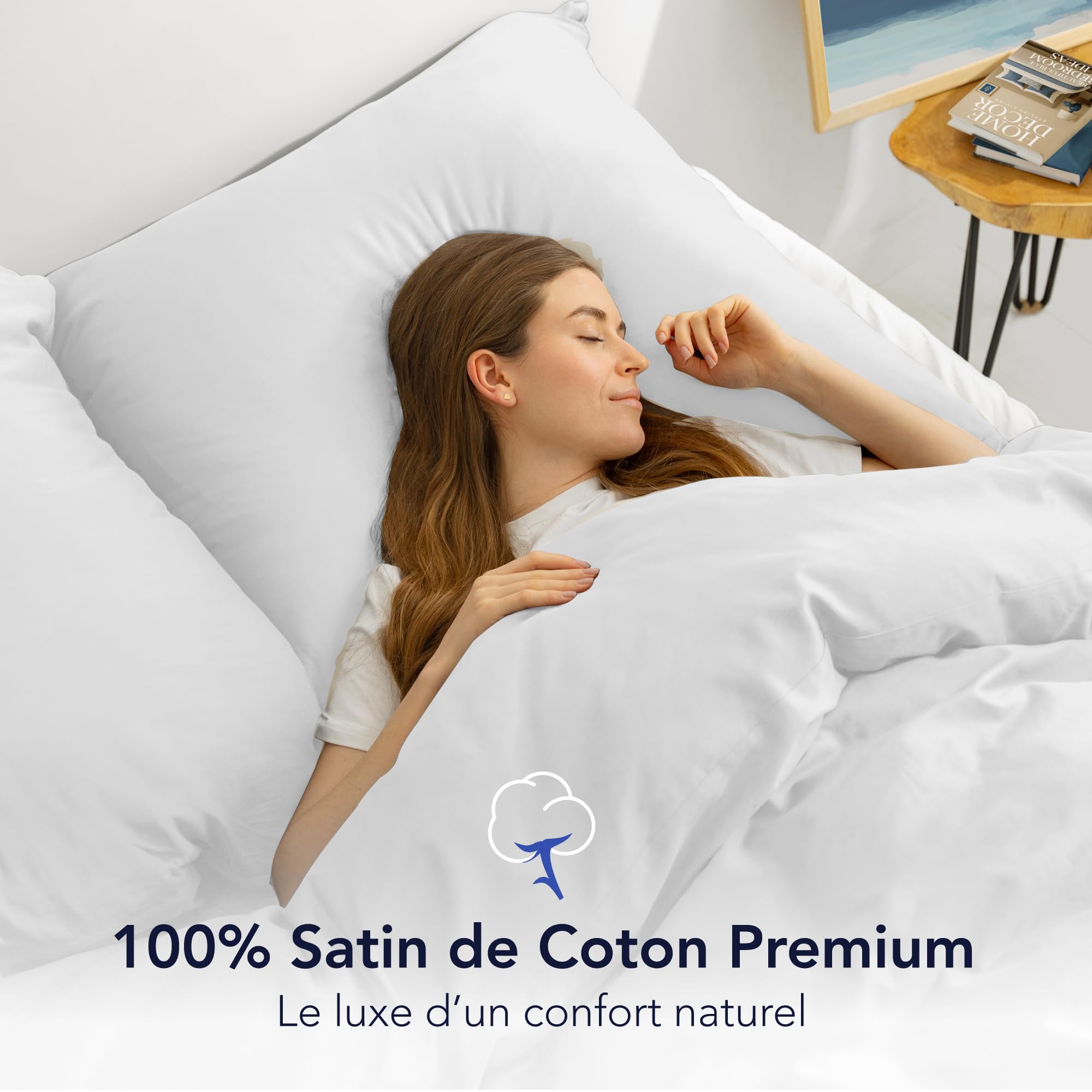 Dreamzie Housse de Couette 200x200 cm et 2 Taie Oreiller 80x80 cm - Blanc - Parure de lit en Satin de Coton - 3 Pièces - Certifié sans Produits Chimiques (Oeko TEX)