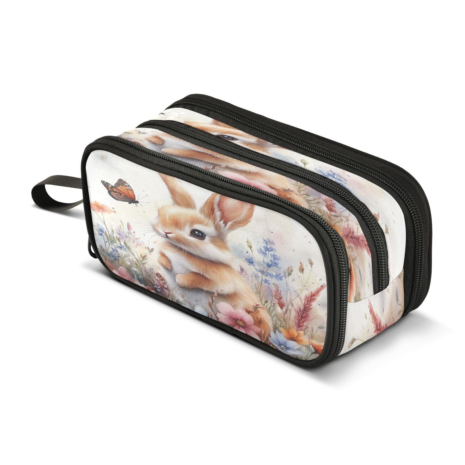 Cute Bunny with Butterfly Flowers Large Capacity Pencil Case Box Boys Girls Big Stationery Pen Bag Organizer Pencil Pouch Zipper Compartments for School Office