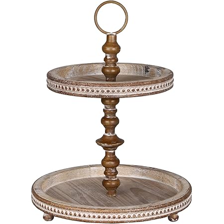 FESTWIND Two Tiered Tray Beaded- Decorative Beaded Kitchen Island Decor - Small Wooden Tiered Tray Stand for Holidays - Lovely Farmhouse Gift Rustic Brown