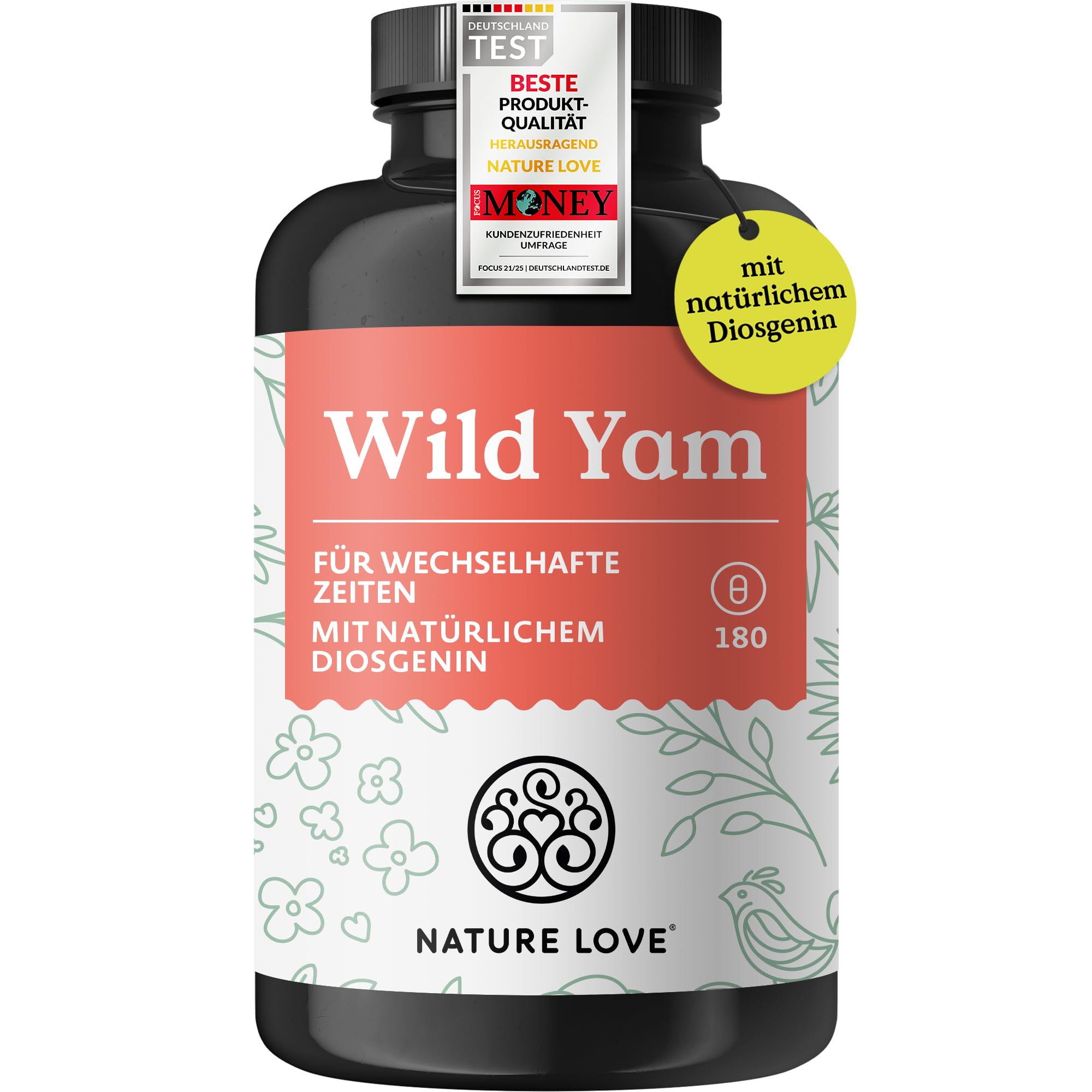 NATURE LOVE Wild Yam Kapseln – vegane Wechseljahre-Kapseln, 180 Stück, hochdosiert (880 mg Extrakt, davon 176 mg Diosgenin), laborgeprüft, hergestellt in Deutschland