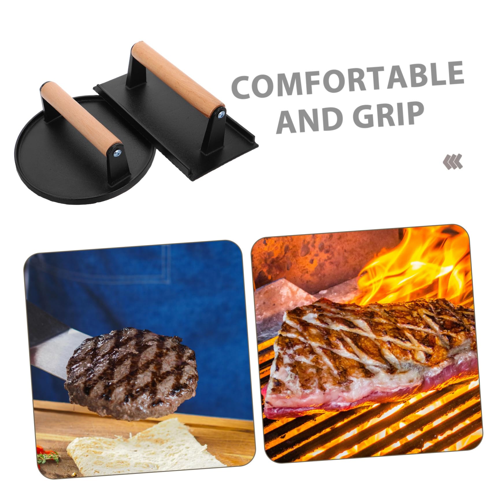 Prensa de Carne y Uso Multifuncional de Hierro Fundido con Mango de Madera Alta Resistencia 2 Piezas, Rectangular y Redonda para Hamburguesas en Cocina