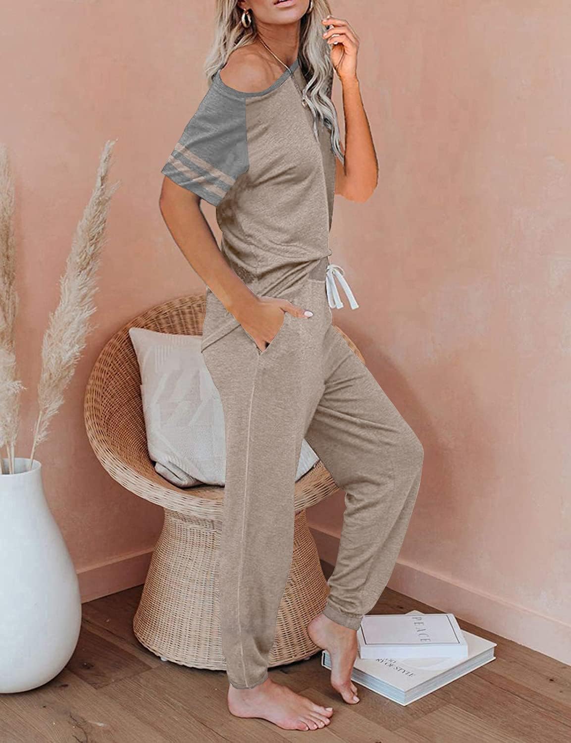 PRETTYGARDEN Women Summer Two Piece Outfits Striped Short Sleeve Pullover and Long Pants Tracksuit Travel Pajama Lounge Set