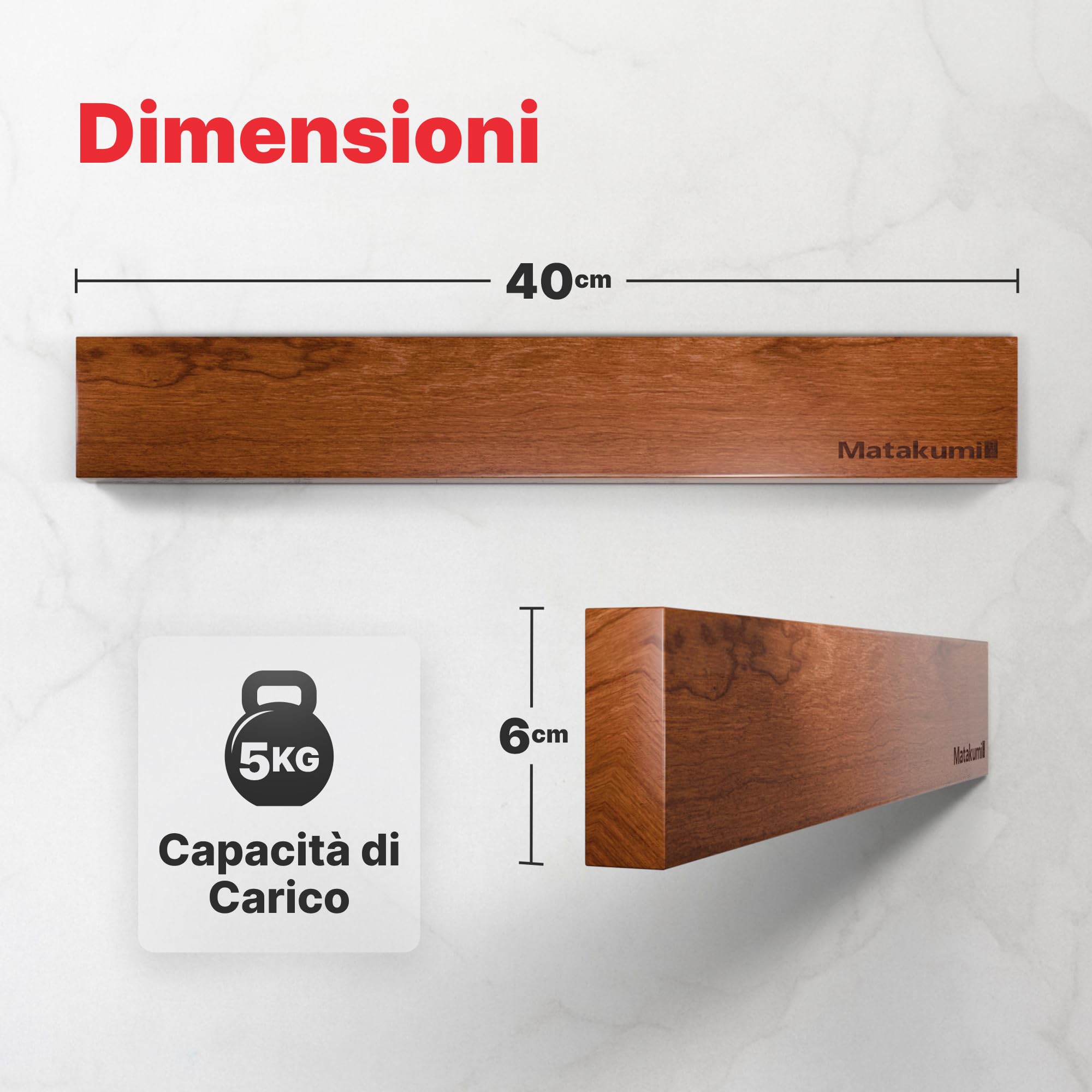 Matakumi Barra magnetica con coltello, 40 x 6 cm, in legno di acacia, magnetica, autoadesiva o viti, salvaspazio, supporto magnetico a parete