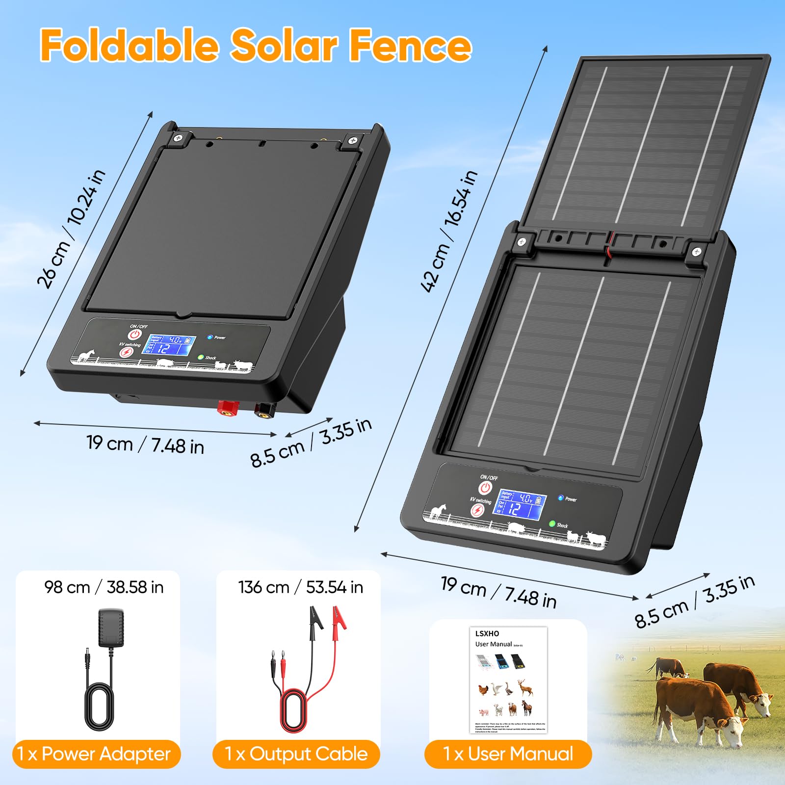 Kit de valla eléctrica con energía solar, 6-12 kV, voltaje ajustable, 0,3 – 2,0 J, batería de 18000 mAh, dos paneles solares de 10 W, alcance de 32 km, IP55 impermeable, para agricultura, jardín