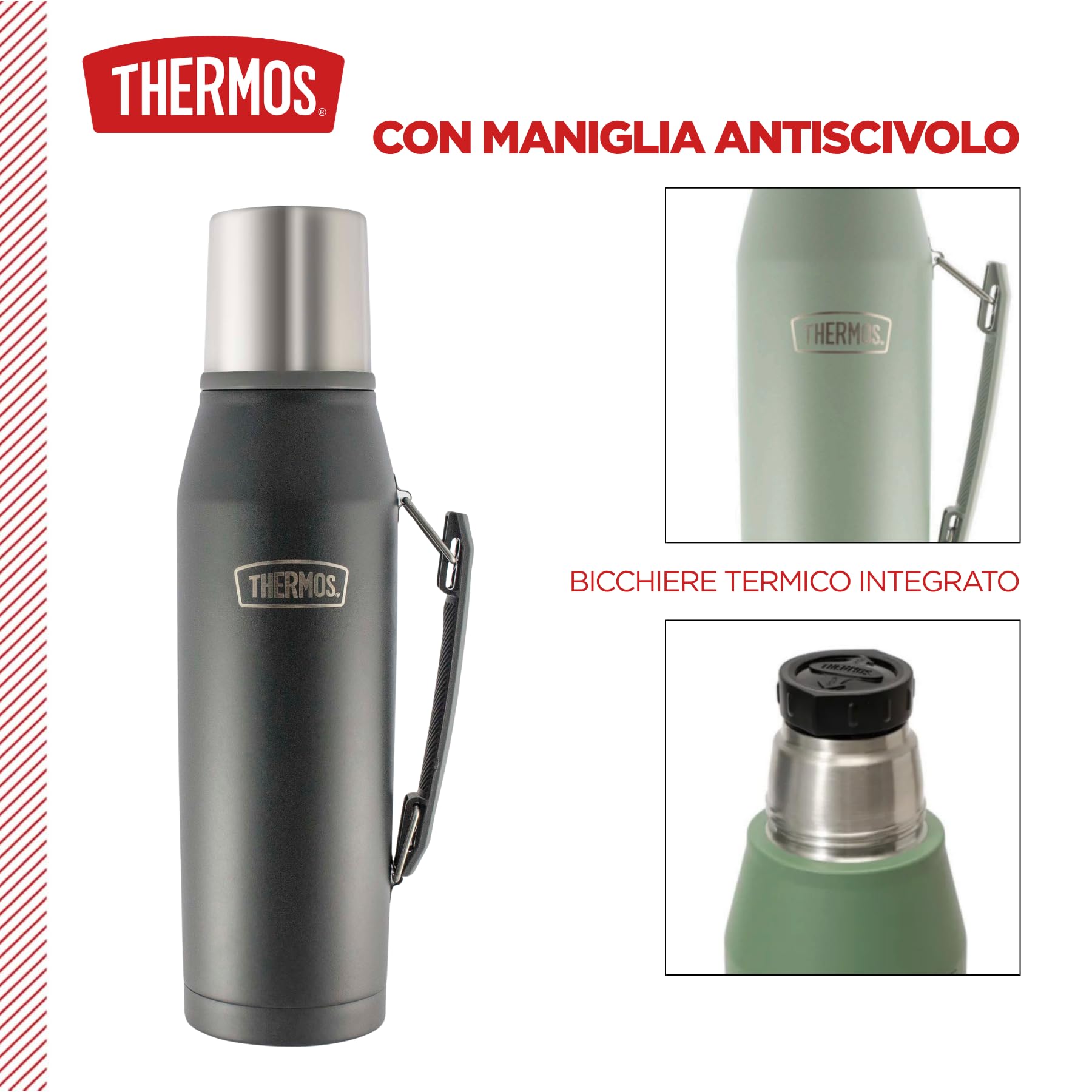 THERMOS - CORTINA - Botella isotérmica de acero inoxidable con mango y base antideslizante, tratamiento True-Coat, 1,3 l (Matte Gray)