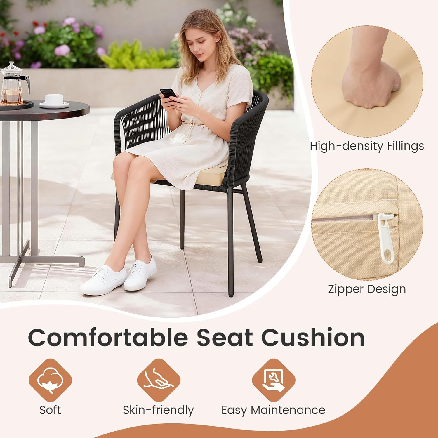 HAPPYGRILL Patio Chairs Set of 4, Upholstered Accent Chairs with Curved Backrest, Cushion, Wide Seat & Armrests, Adjustable Foot Pads, Modern Dining Chair for Patio, Backyard (Black)