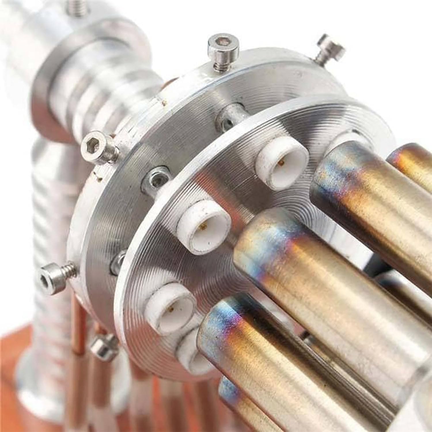 Modelo de motor aeronáutico: placa oscilante de 16 cilindros, motor de aire caliente con hélice giratoria de 4 palas, cilindro calentado y base de madera maciza para experimentos científicos