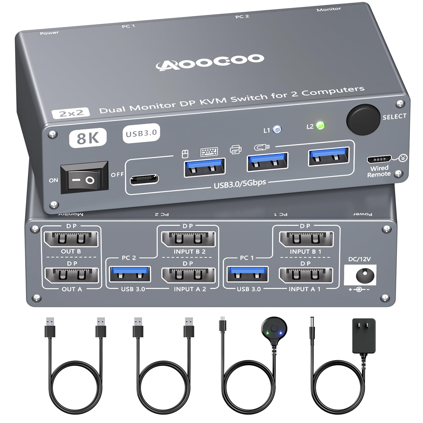 Displayport KVM Switch for 2 Computers, 2 Monitors, 8K@60Hz/4K@240Hz, Dual Monitor KVM Switch for 2 PCs, Share 2 Monitors, with 4 USB 3.0 Ports, USB Cable and Power Adapter, Grey, 12cm DP-image-5