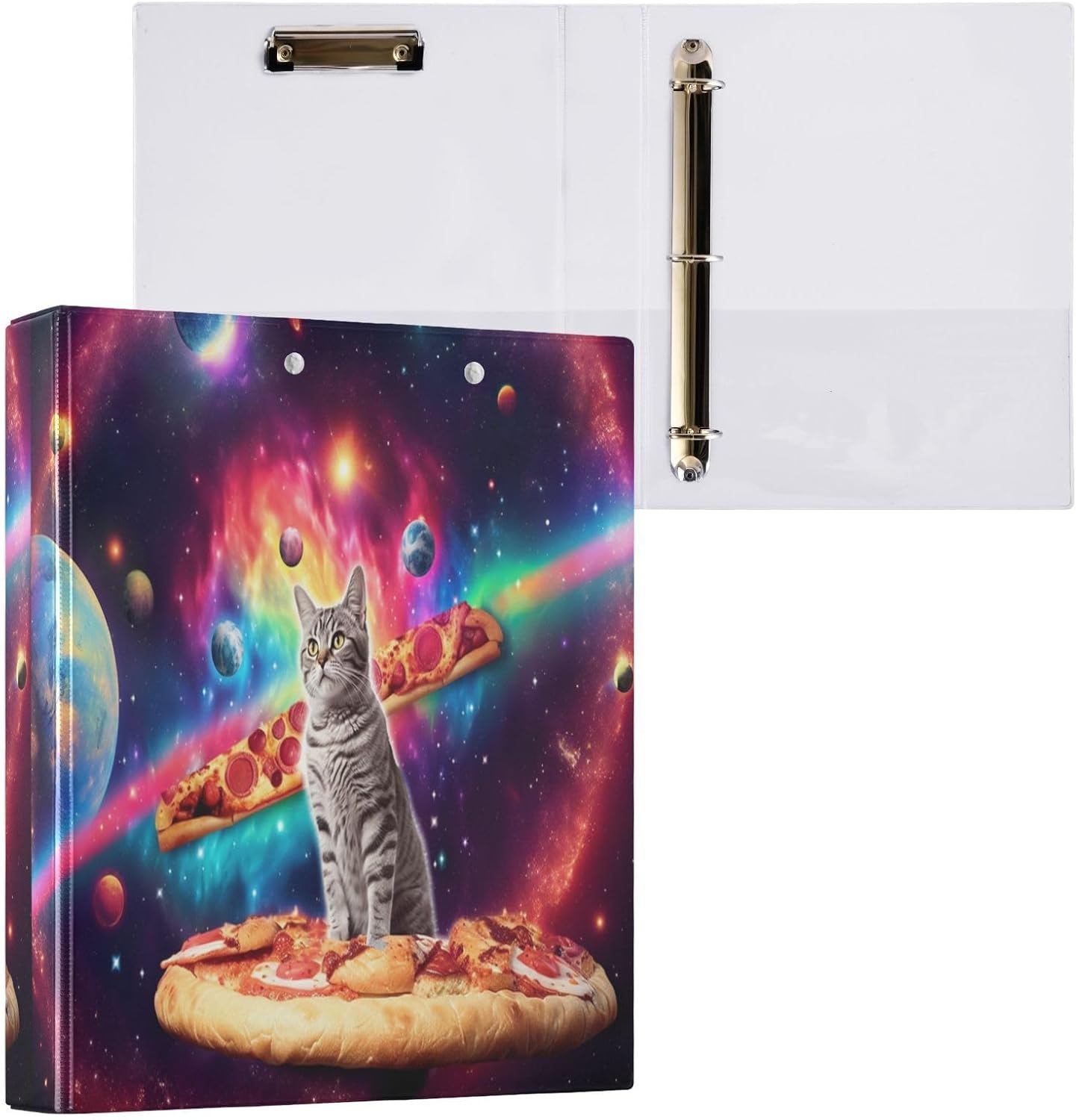 3 Ring Binder Cat Pizza Planets 1.5" Round Ring Binders View Binder with 200 Sheet for Women Men Office Kids School Supplies, 1 Pack