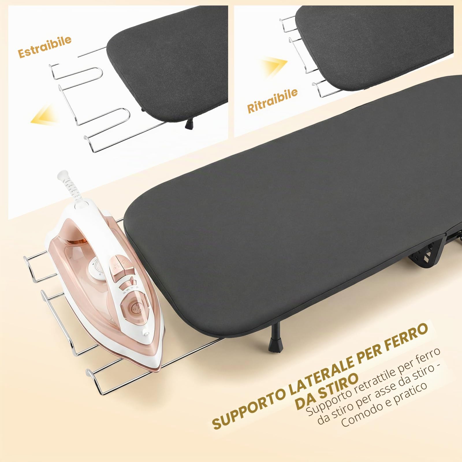 Asse da stiro pieghevole con poggiaferro e supporto, mini asse da stiro pieghevole con piedini antiscivolo e rivestimento termoresistente, compatto 82,5 x 31,5 cm, salvaspazio rivestimento in cotone
