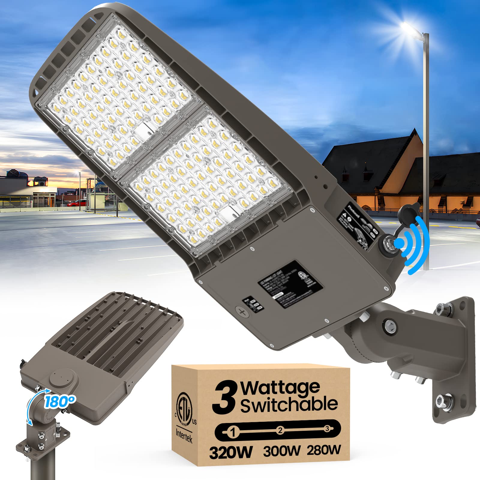 AKK LED Parking Lot Light 320W 300W 280W Adjustable, 51200LM (160LM/W) 5000K Shoebox Area Light, Photocell & Dimming, Arm & Slip Fitter in 1 Mount,