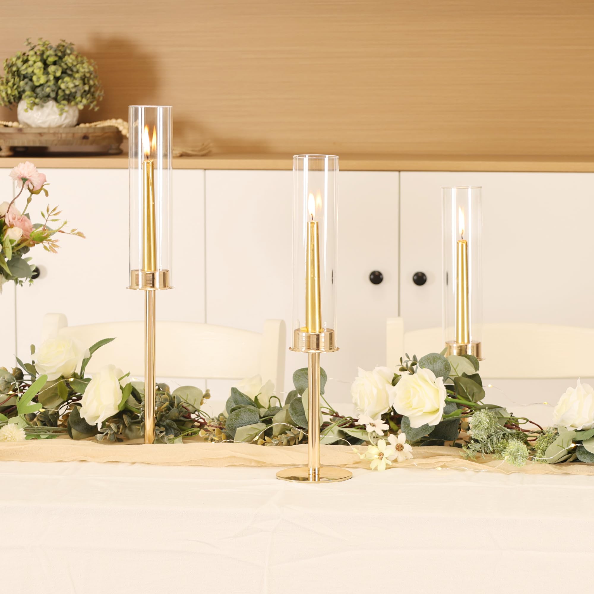 Ronasip Hurricane Candle Holders Set of 6 Metal Candlestick Holder for Glass Taper Tall Candle Holders with Crystal Chimney Tube Candles Stands for Home Decor, Christmas, Dinning (6, Gold)