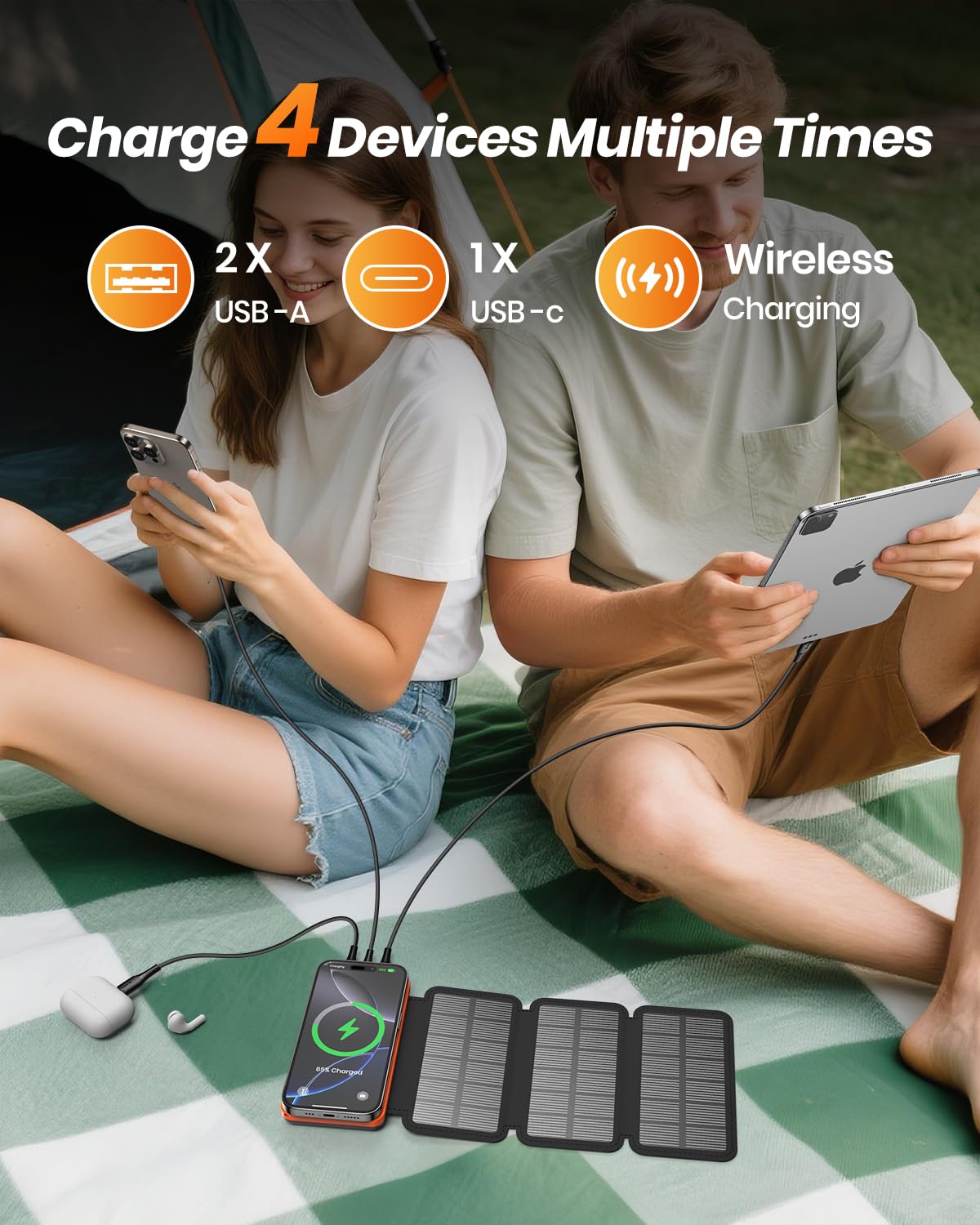 A ADDTOP Power Bank Solare 10000mAh – Caricabatterie rapido 15W per cellulari con USB-C Ingresso/Uscita & 4 Pannelli Solari – Caricatore portatile wireless con torcia a LED per iPhone, Android